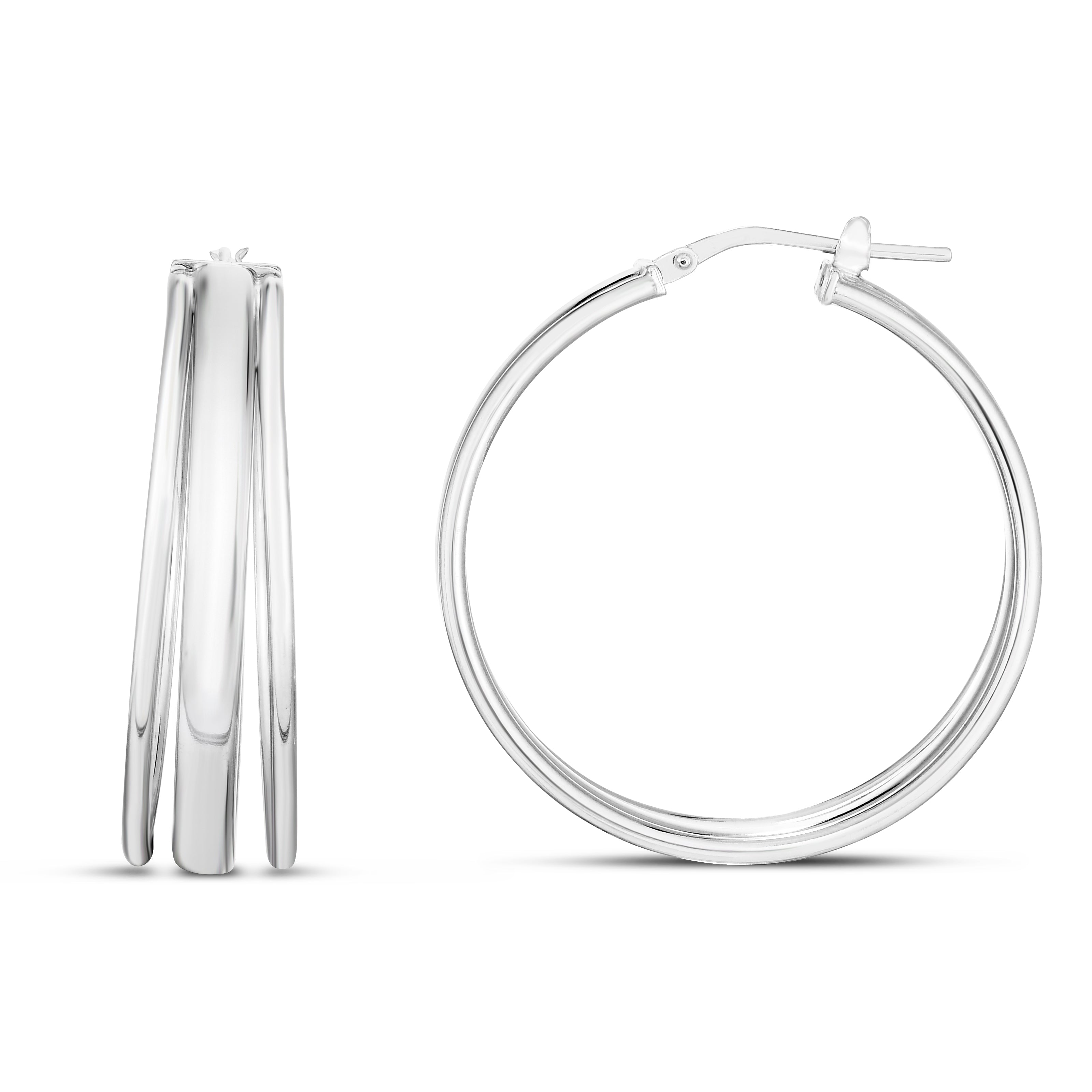 Sterling Silver Polished Triple Row Hoops With Hinged Closure.