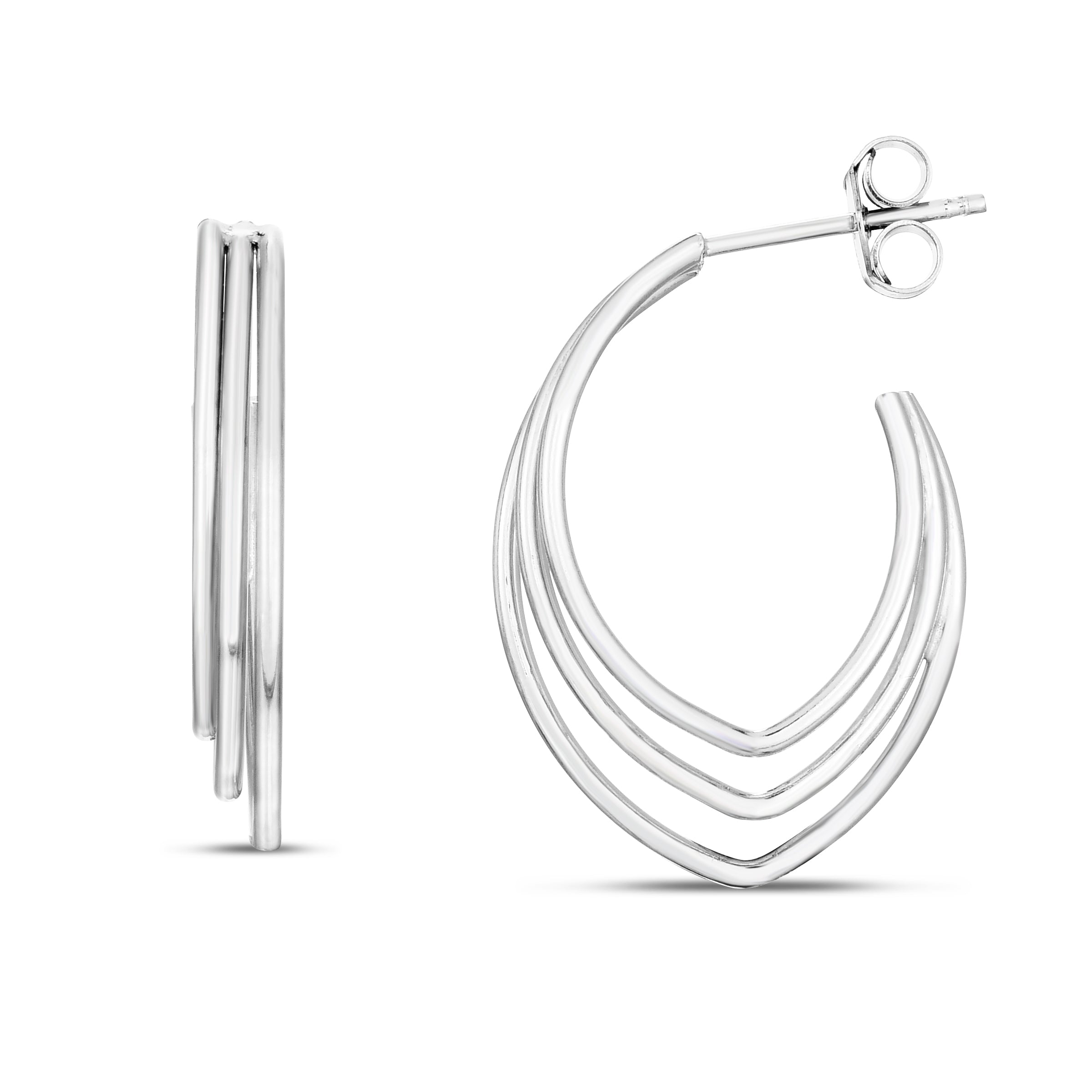 Sterling Silver Polished Triple Row V Shape Hoops With Push Back Closure.