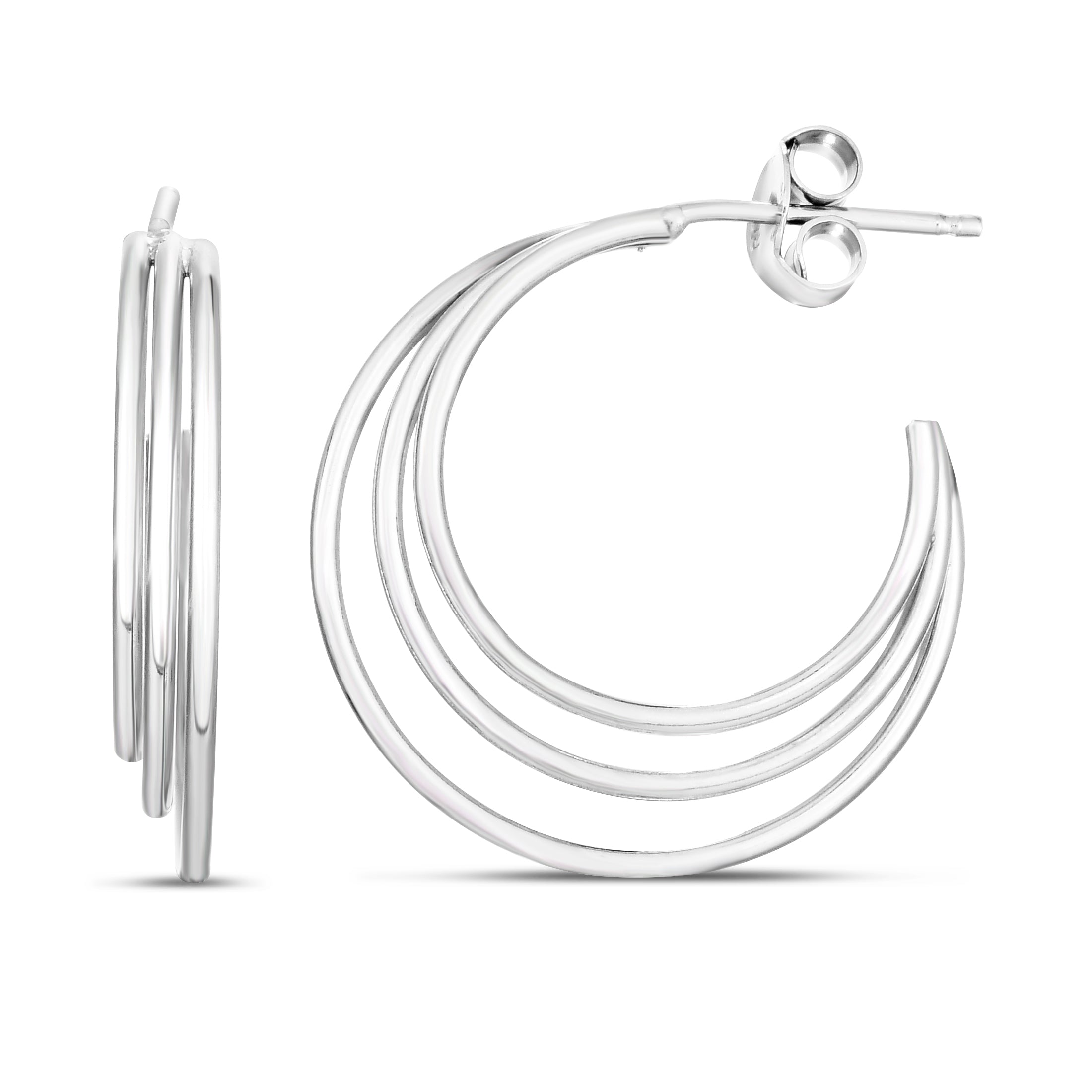 Sterling Silver Polished Triple Row C Hoops With Push Back Closure.