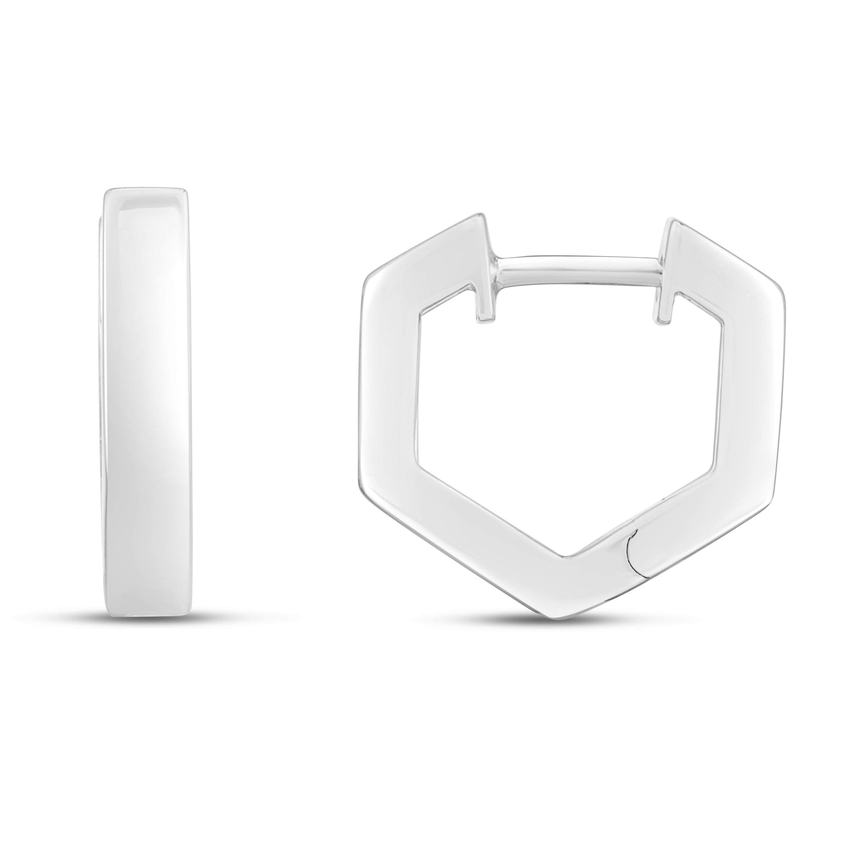 Silver Polished Bold Hexagon Hoop Earrings With Snap Clasp. Rhodium Plated.