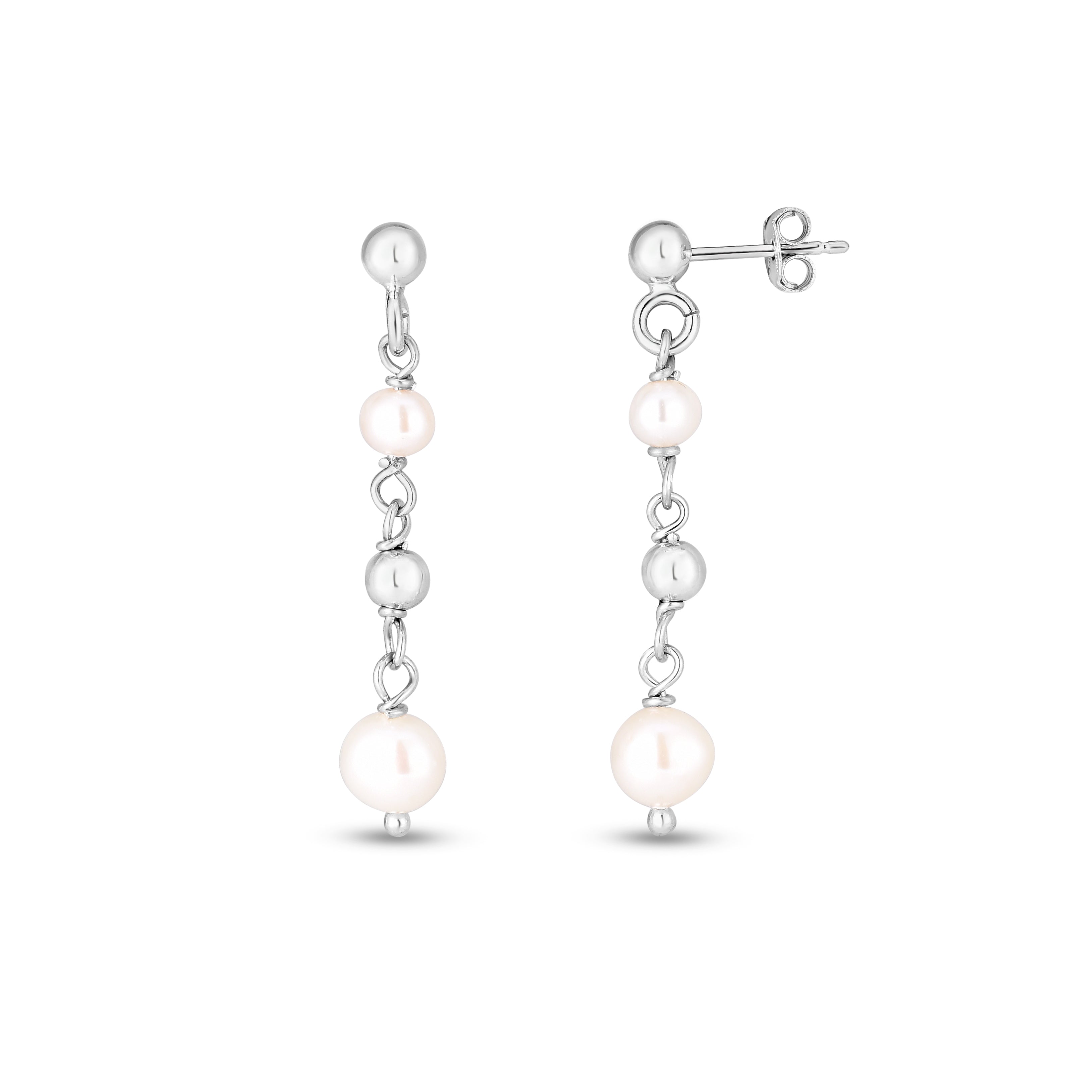 Sterling Silver Polished Freshwater Pearl Bead Drop Earrings With Push Back Clasp