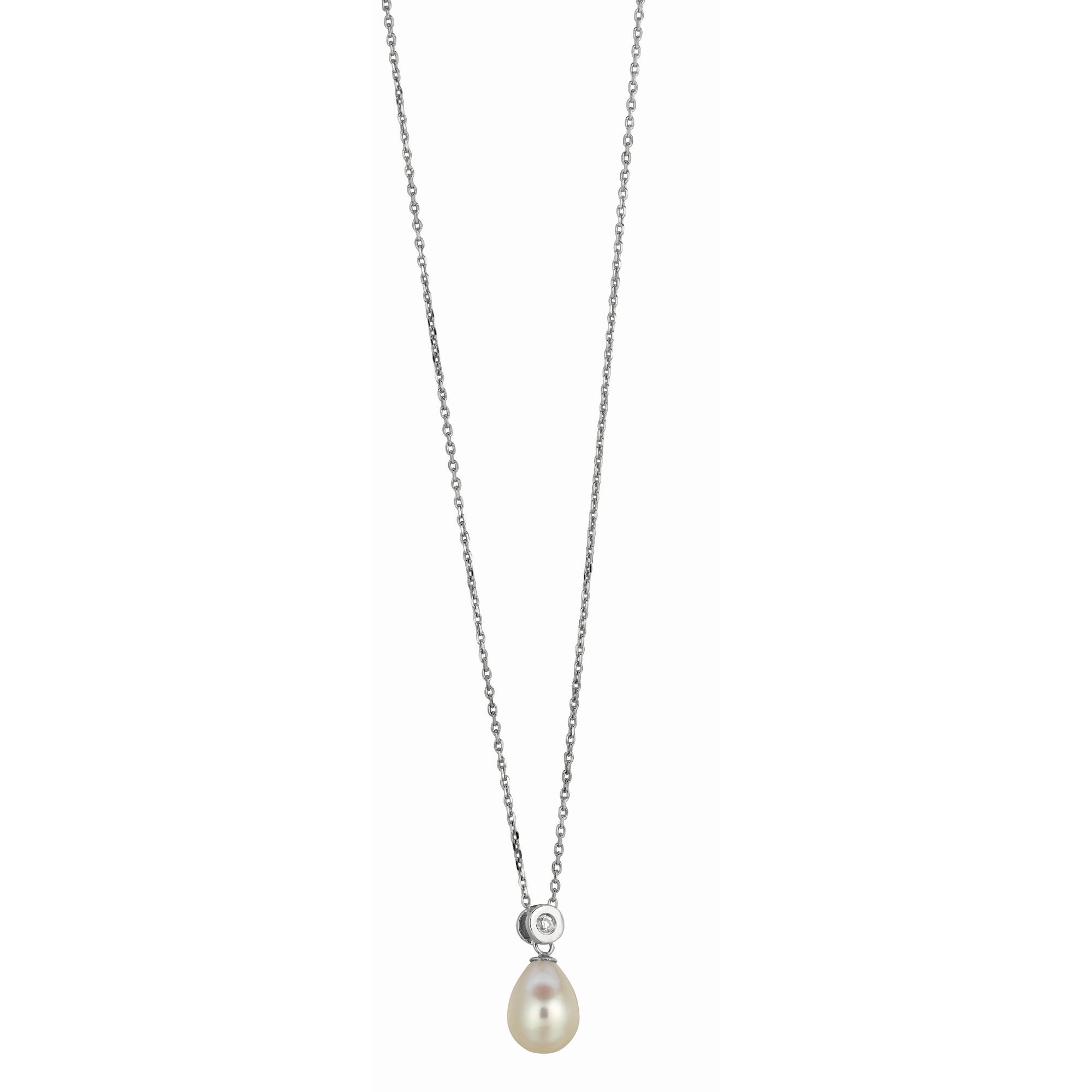 Sterling Silver 18" Freshwater Pearl and Bezel Set CZ Necklace