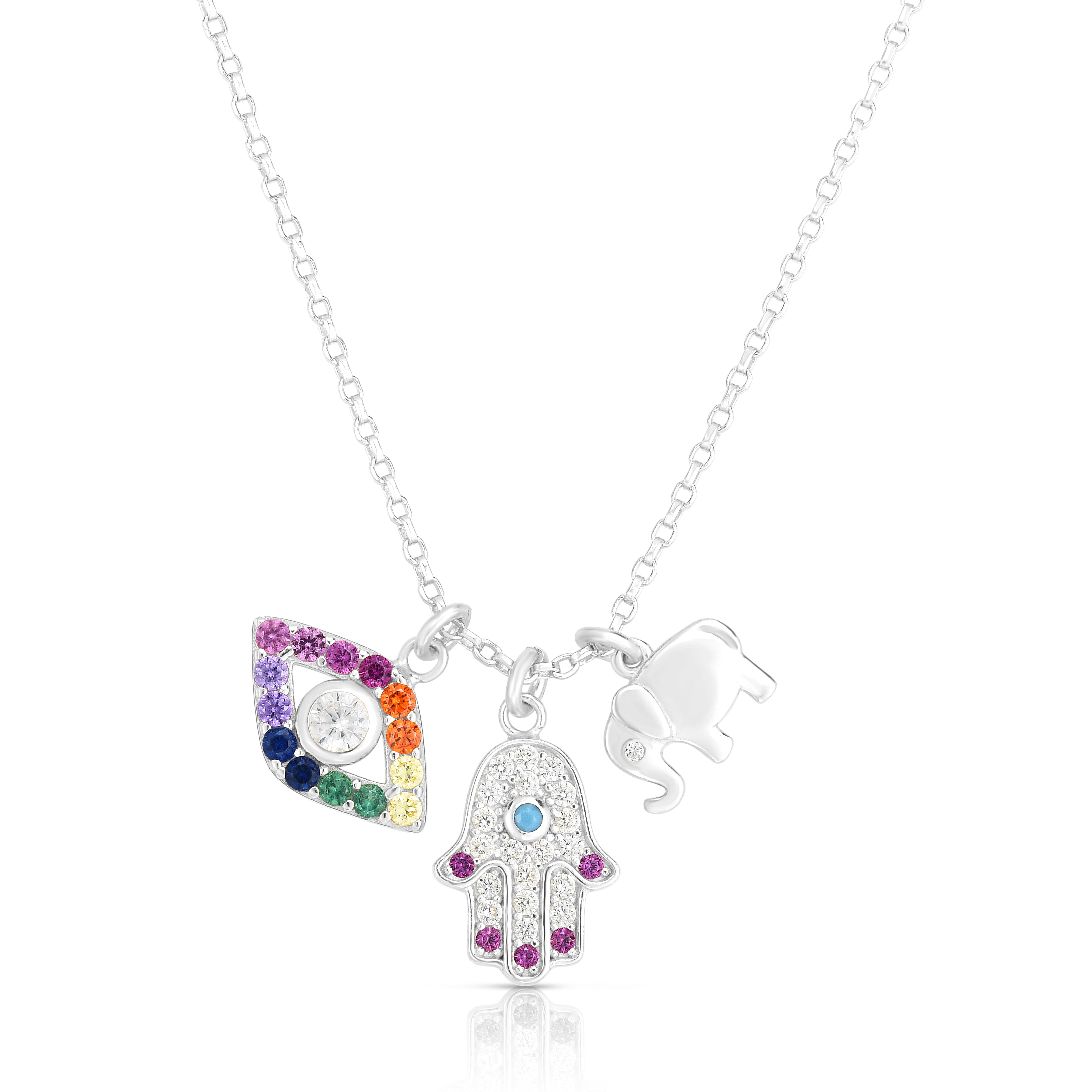 Sterling Silver Rainbow CZ Hamsa Evil Eye Elephant Charm Dangle 18" Necklace 