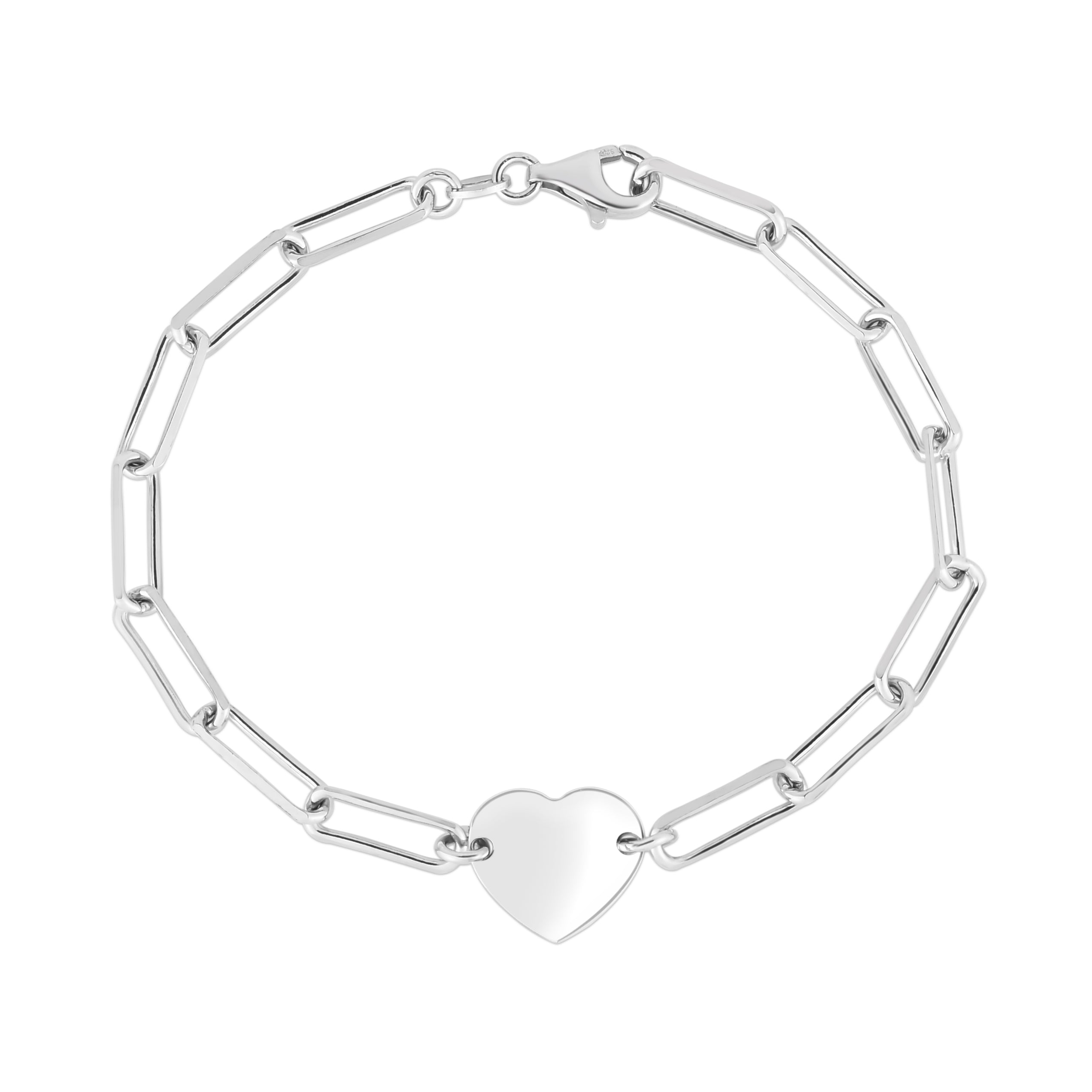 Silver 7.25" Engravable Heart Paperclip Bracelet with Lobster Clasp.