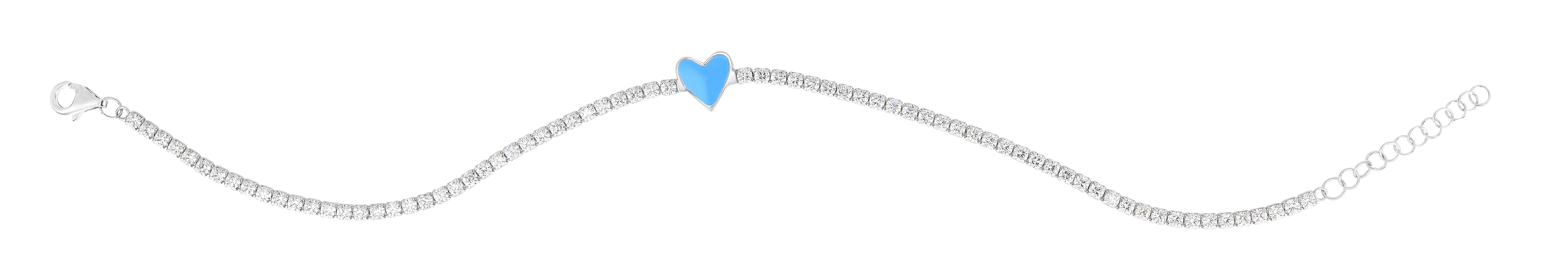 Sterling Silver 7.5" Blue Enamel Heart CZ Bracelet with Lobster Clasp.