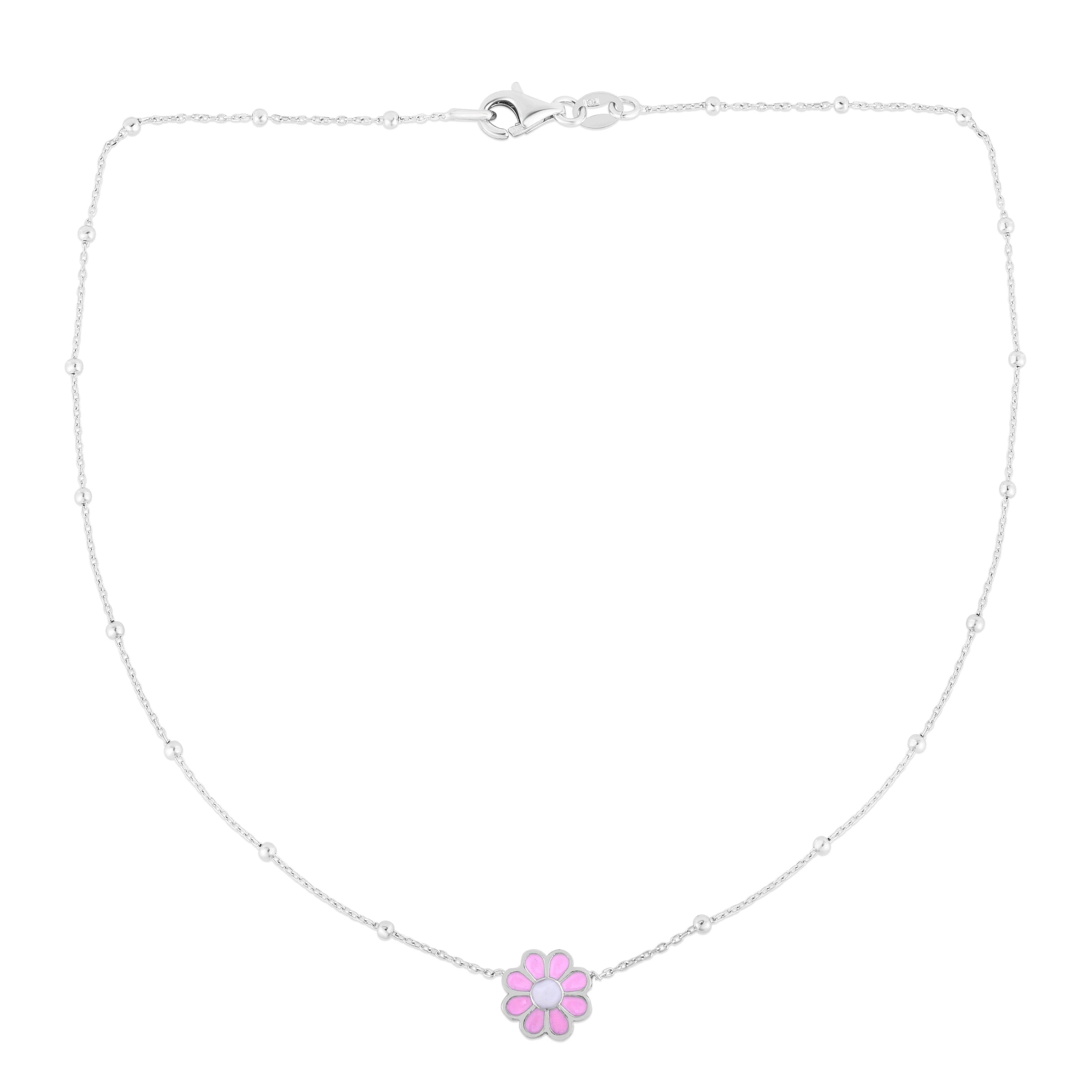 Sterling Silver Polished Enamel Pink Flower Necklace with Lobster Clasp. Total length 16", includes 2" extender.