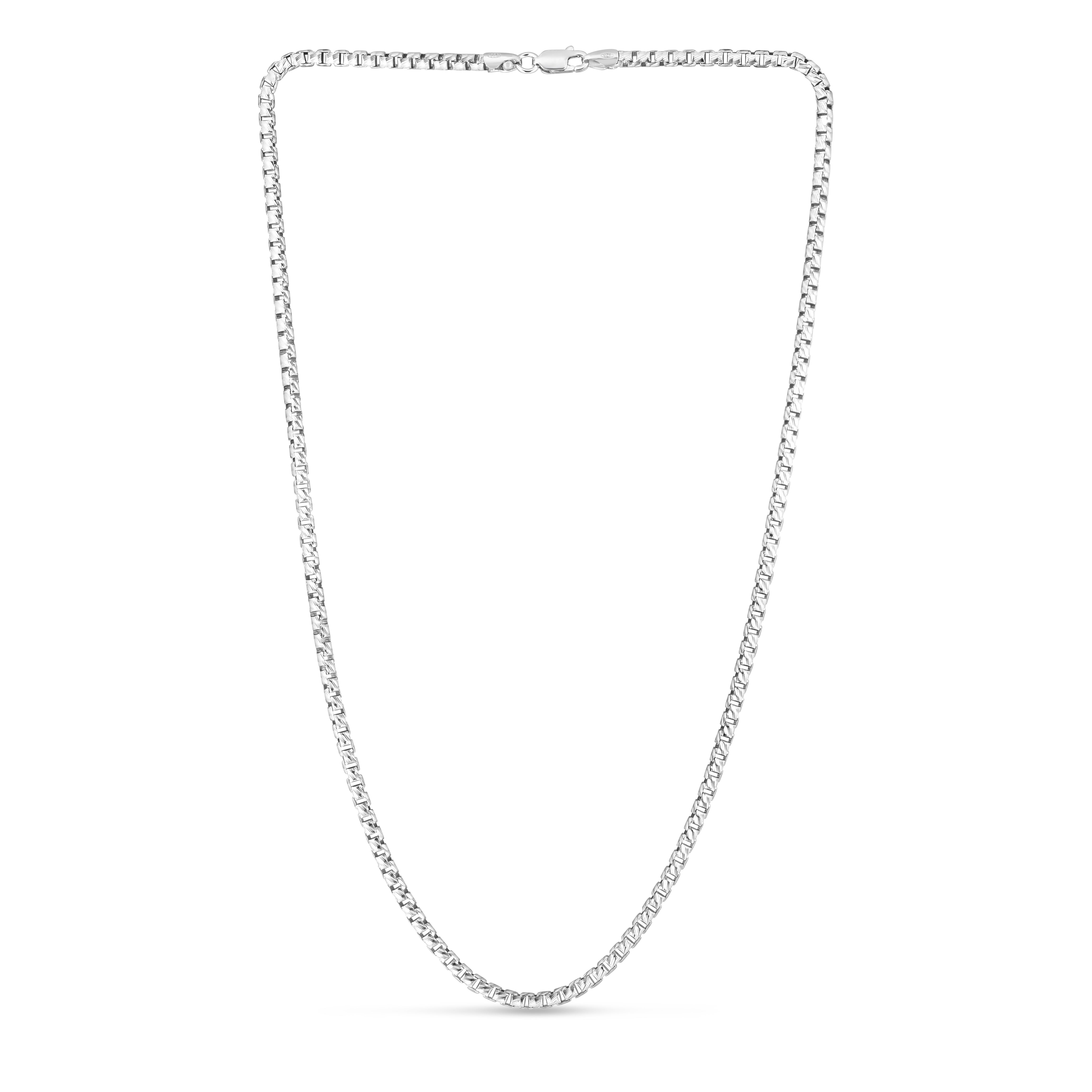 Sterling Silver 2.9mm Rockstar Cut Round Box 20" Chain with Lobster Clasp. Item has rhodium finish.
