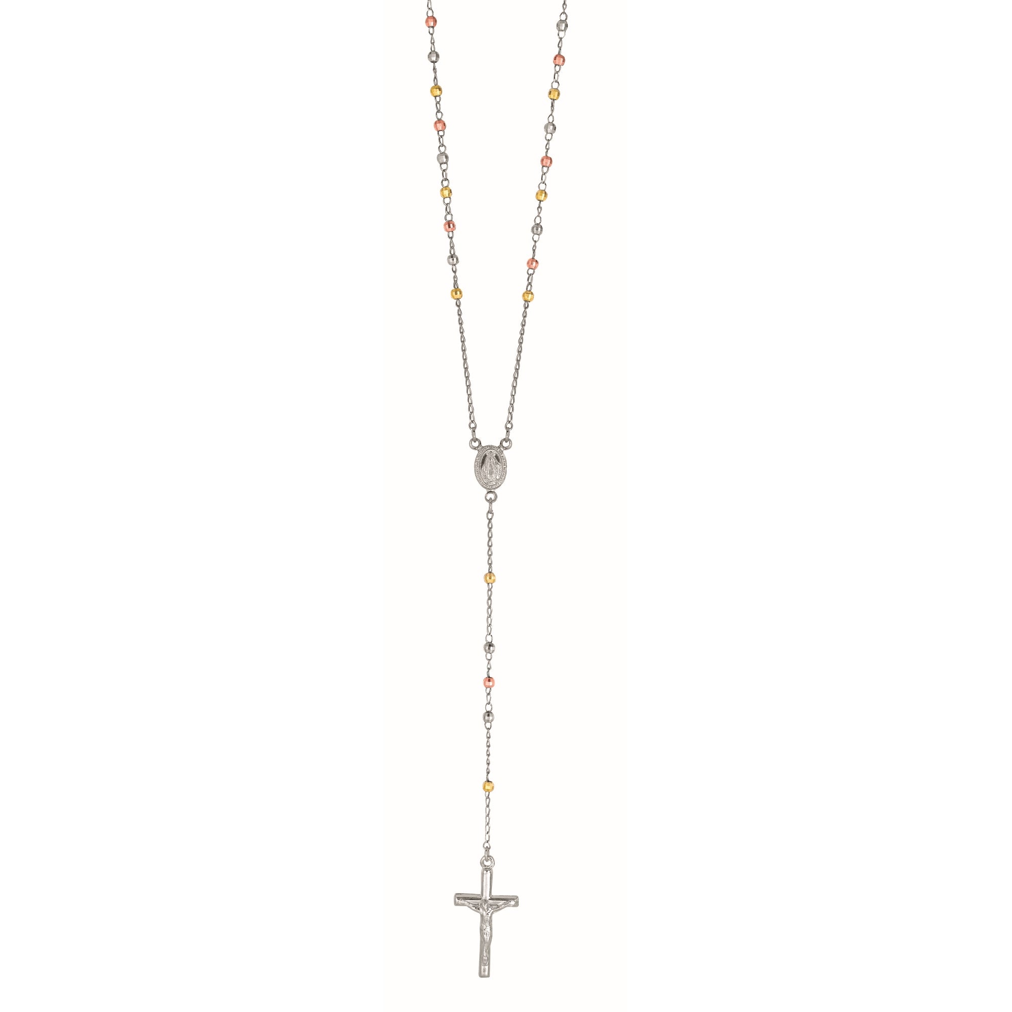 Sterling Silver Tri-color 26" Rosary Necklace
