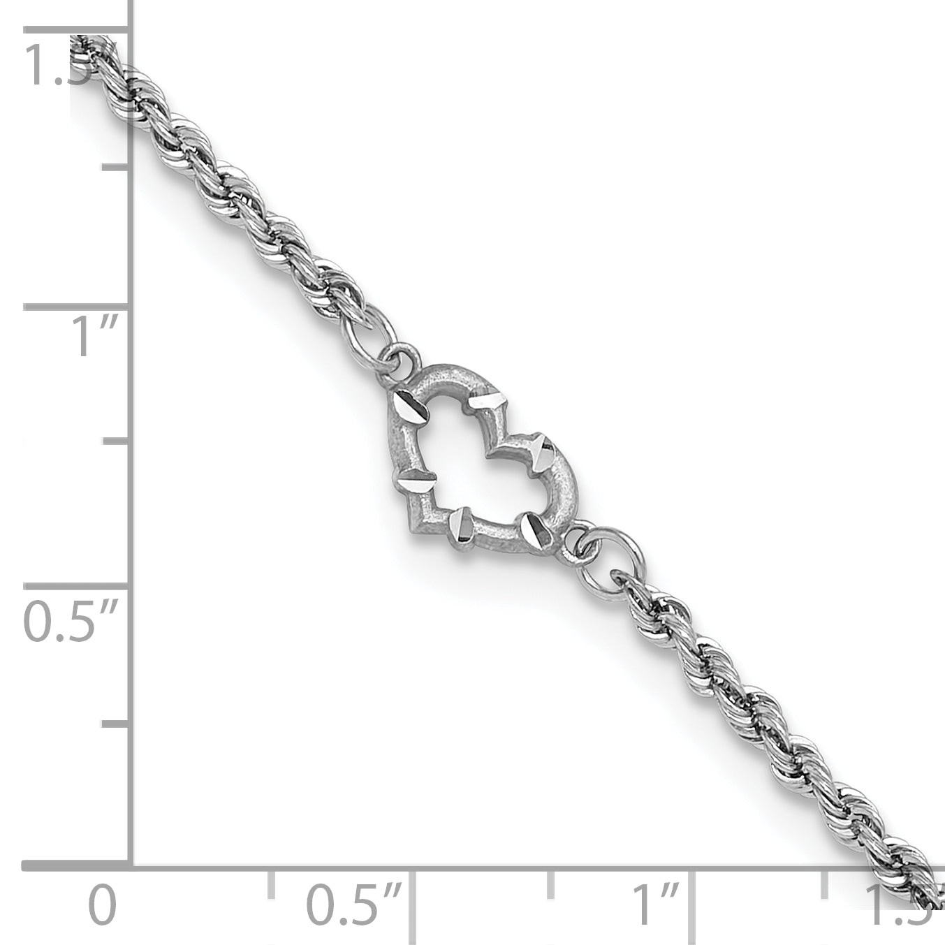 14k White Gold Diamond-cut Open Heart and Rope Chain 10 inch Anklet