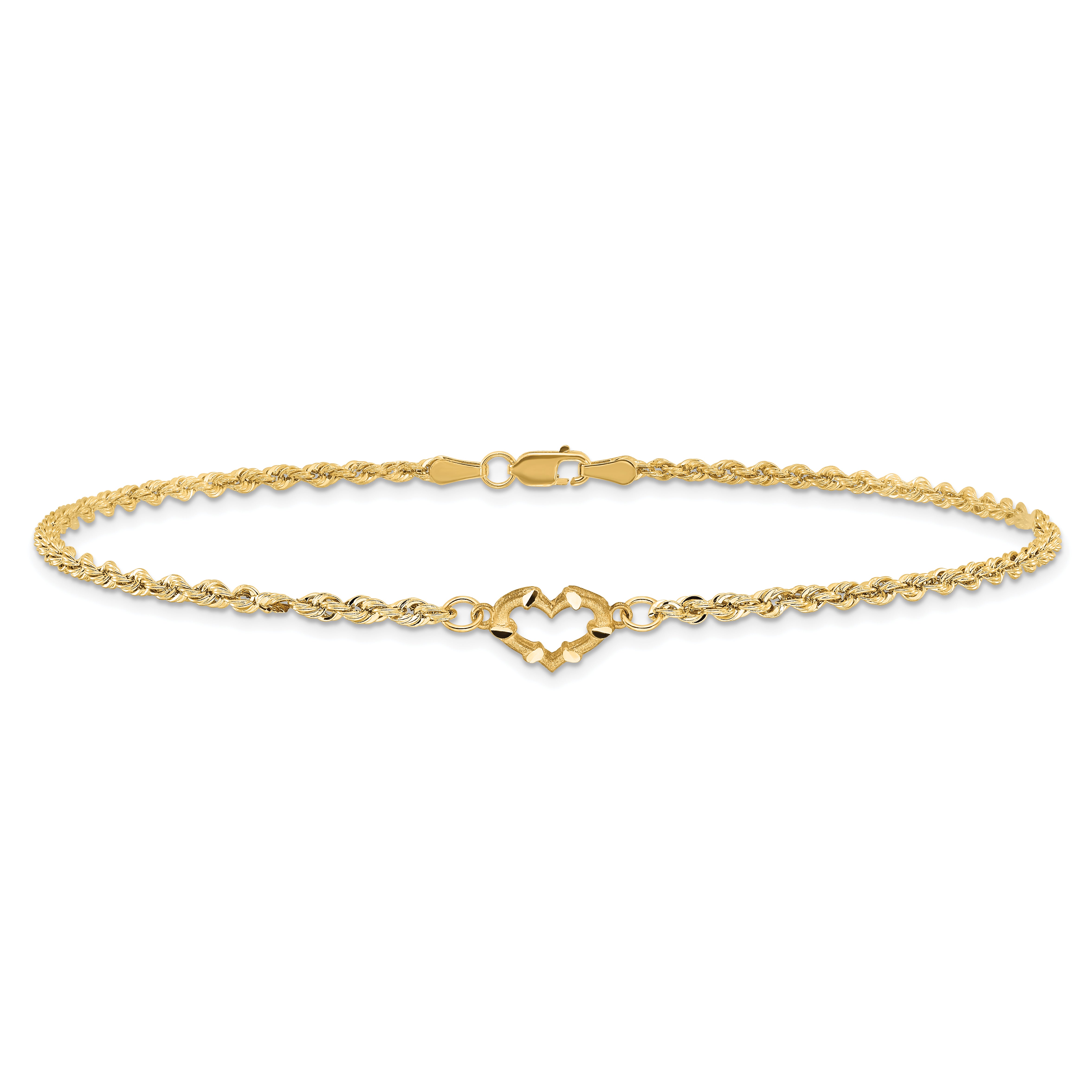14k Diamond-cut Open Heart and Rope Chain 10 inch Anklet