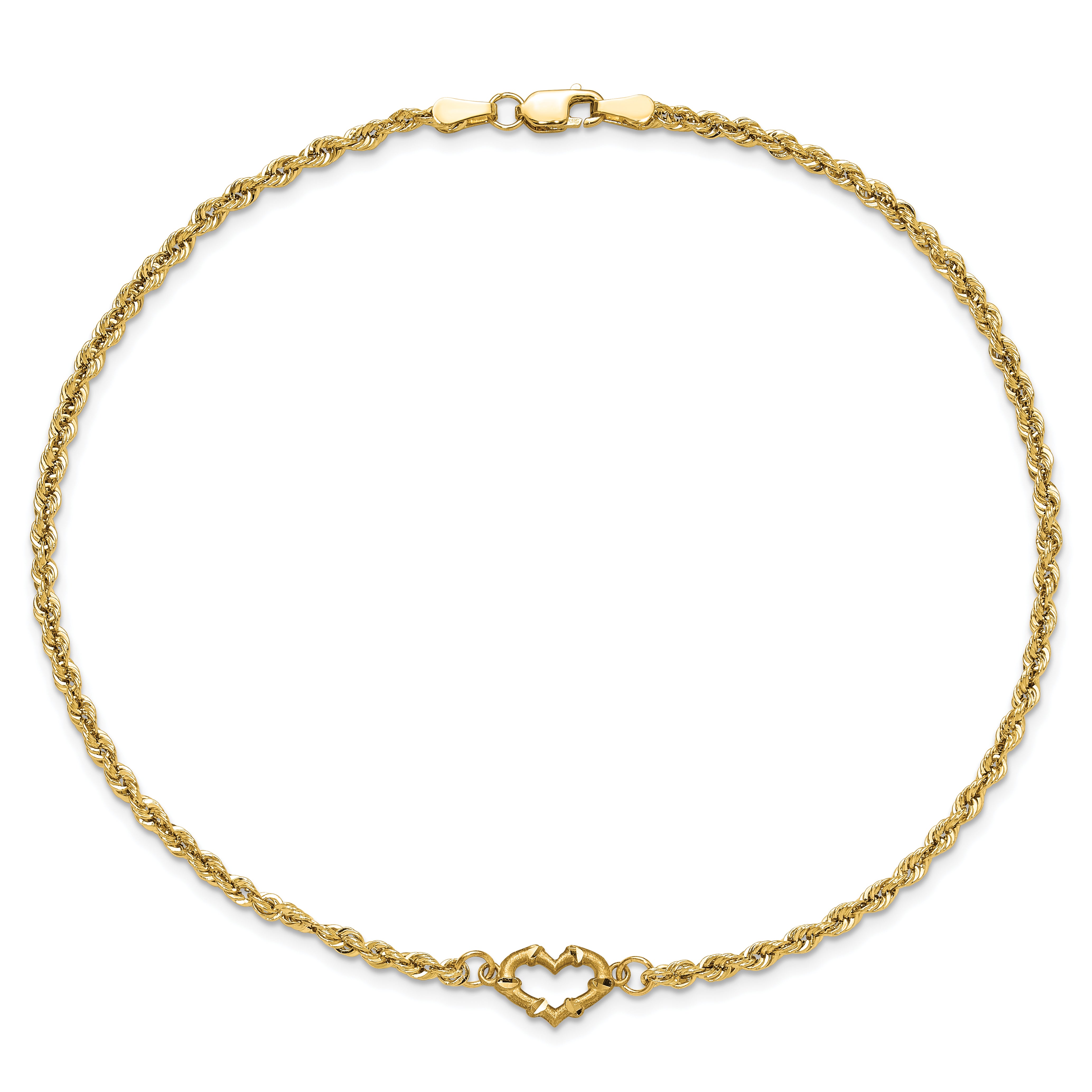 14k Diamond-cut Open Heart and Rope Chain 10 inch Anklet