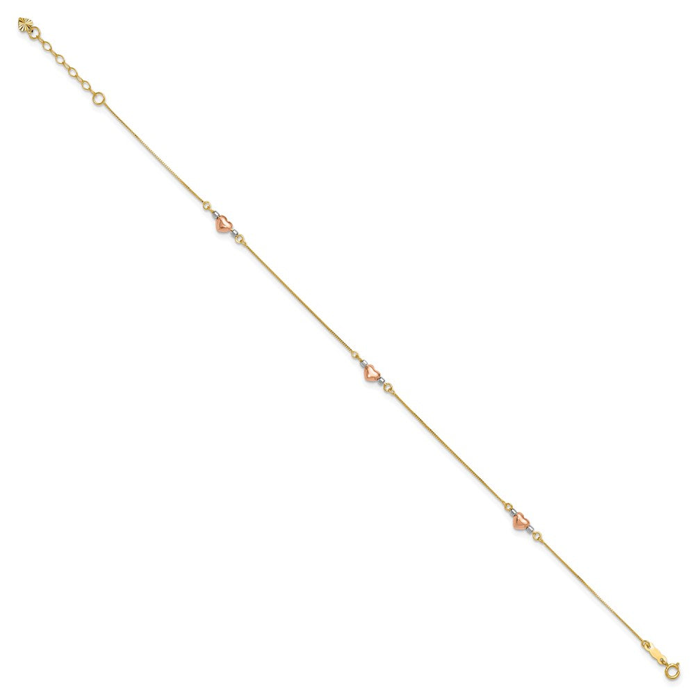 14k Tri-Color Puffed Heart 9in Plus 1in ext Anklet