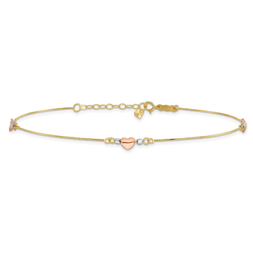 14k Tri-Color Puffed Heart 9in Plus 1in ext Anklet