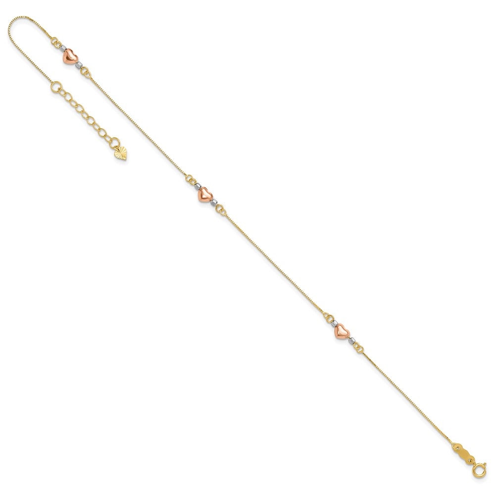 14k Tri-Color Puffed Heart 9in Plus 1in ext Anklet