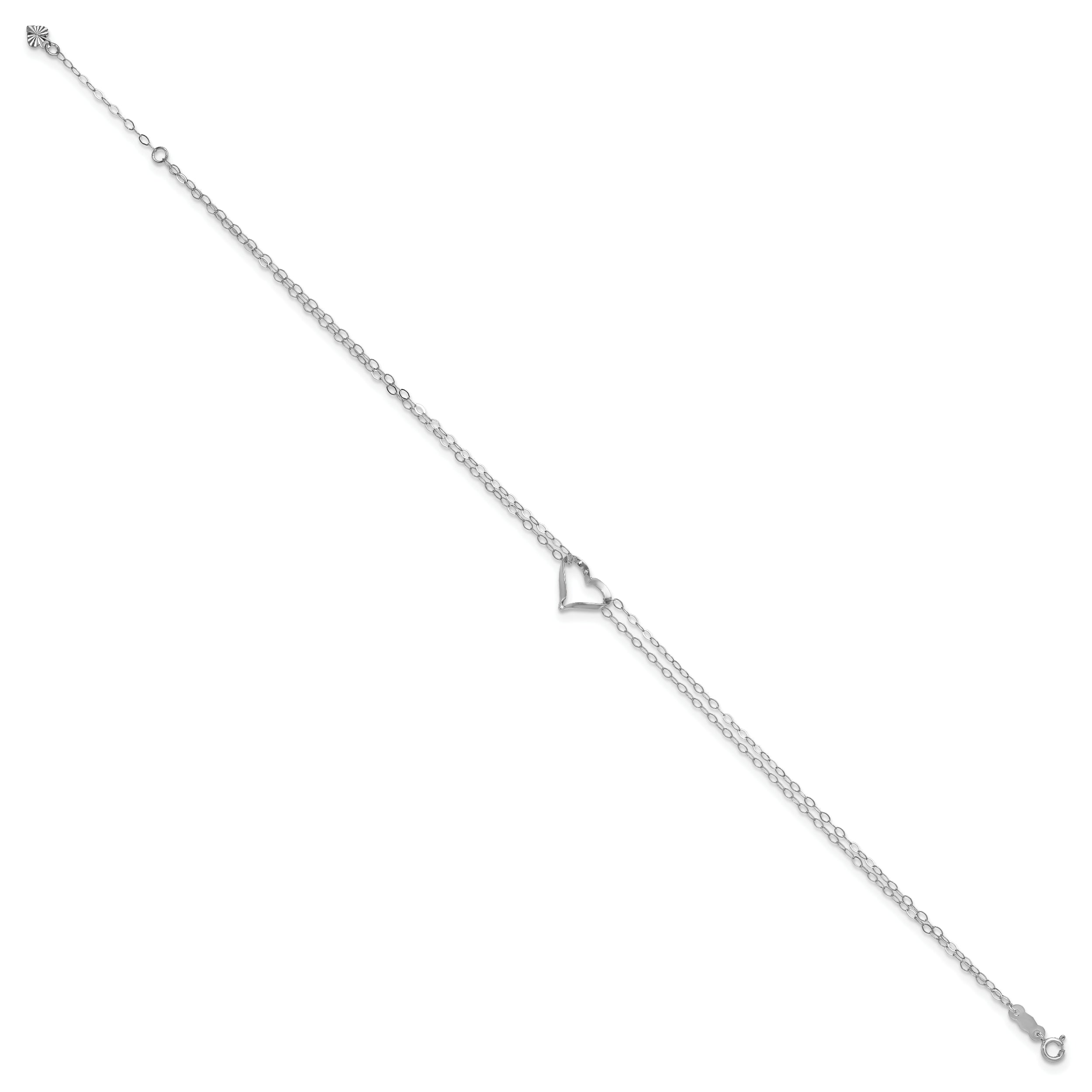 14k White Gold Double Strand Chain and Open Twisted Heart 9 inch Anklet Plus 1 inch Heart Dangle Extender