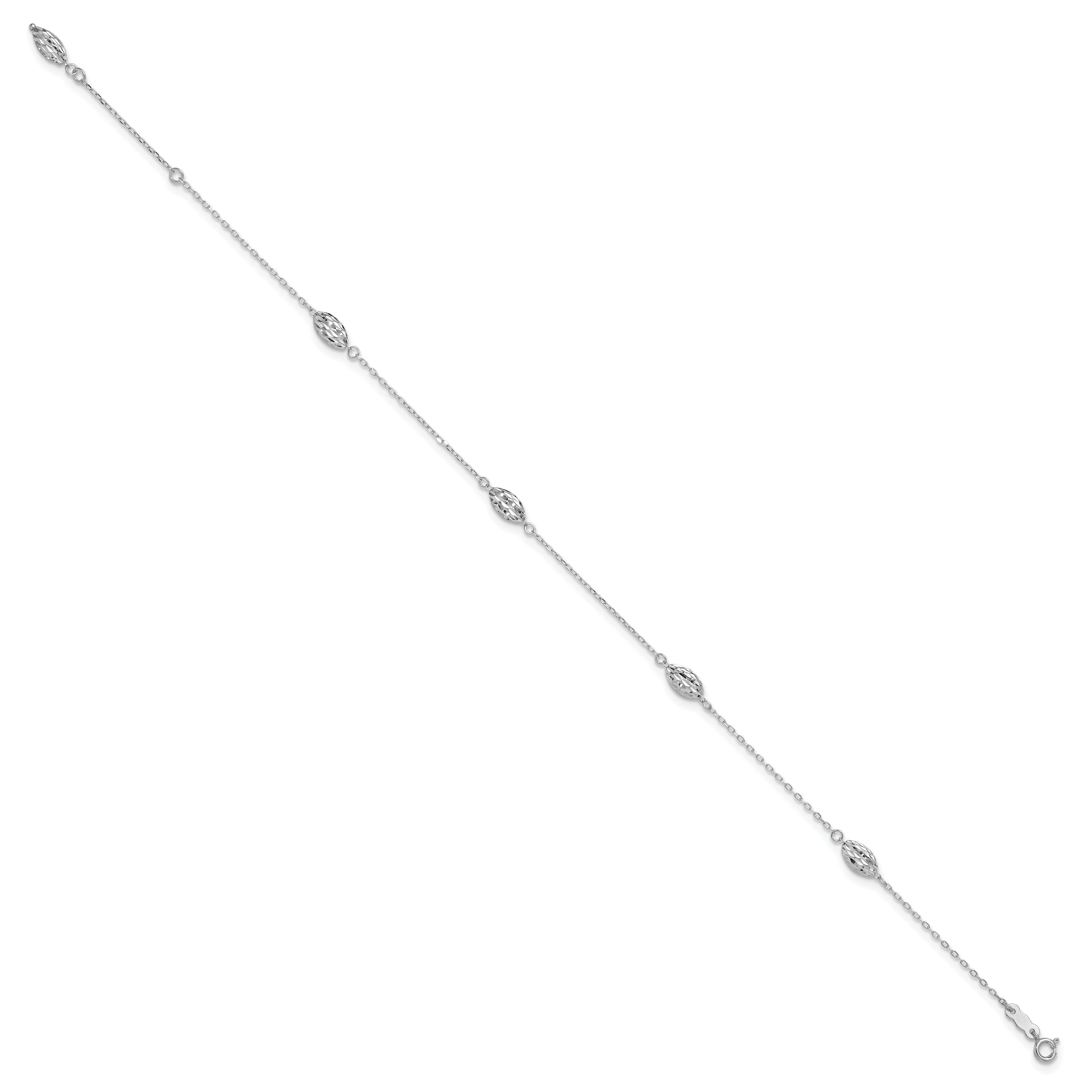 14k White Gold Polished Cable Chain and Diamond-cut Rice Puff Beads 4-Station 9 inch Anklet Plus 1 inch Extender