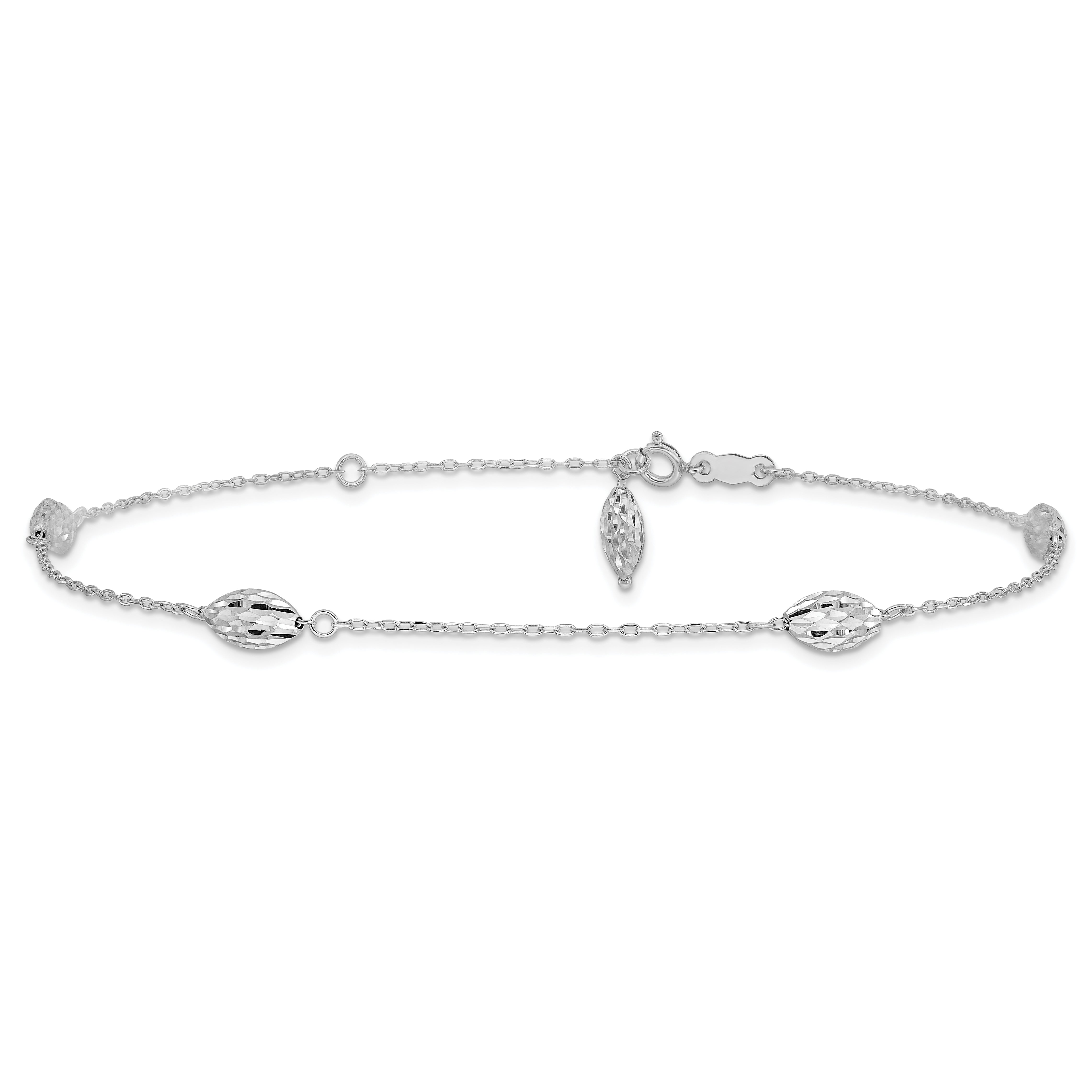 14k White Gold Polished Cable Chain and Diamond-cut Rice Puff Beads 4-Station 9 inch Anklet Plus 1 inch Extender