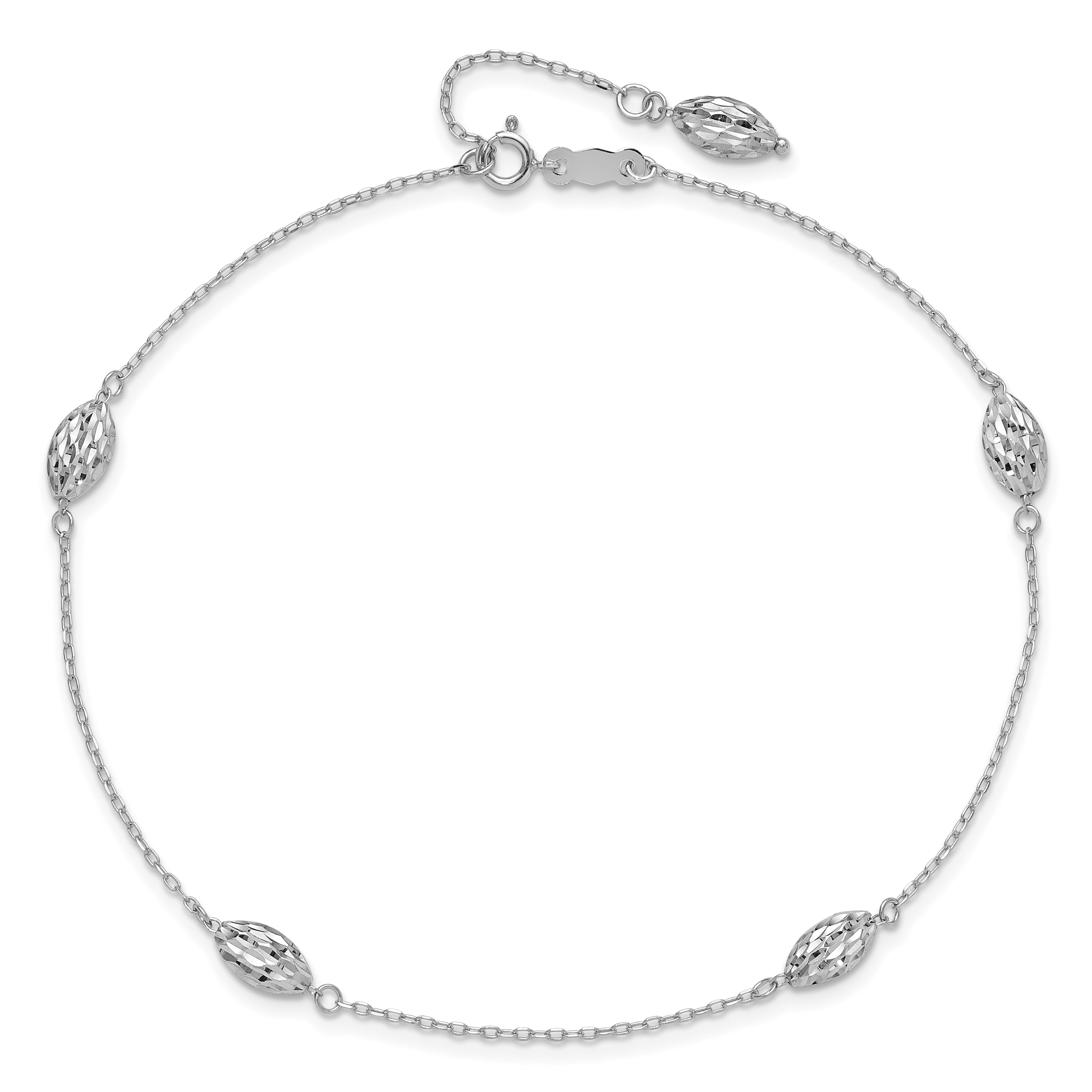 14k White Gold Polished Cable Chain and Diamond-cut Rice Puff Beads 4-Station 9 inch Anklet Plus 1 inch Extender