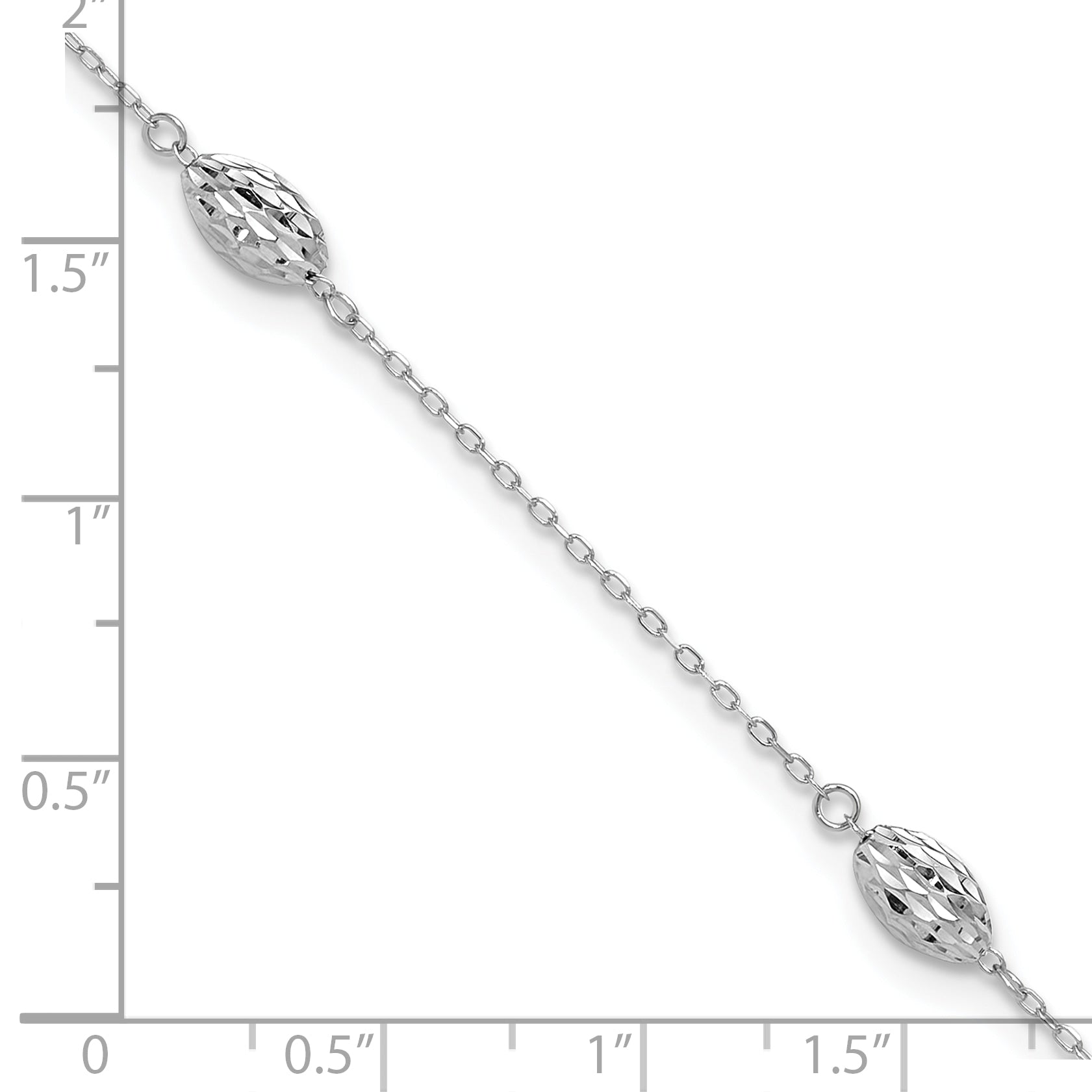 14k White Gold Polished Cable Chain and Diamond-cut Rice Puff Beads 4-Station 9 inch Anklet Plus 1 inch Extender