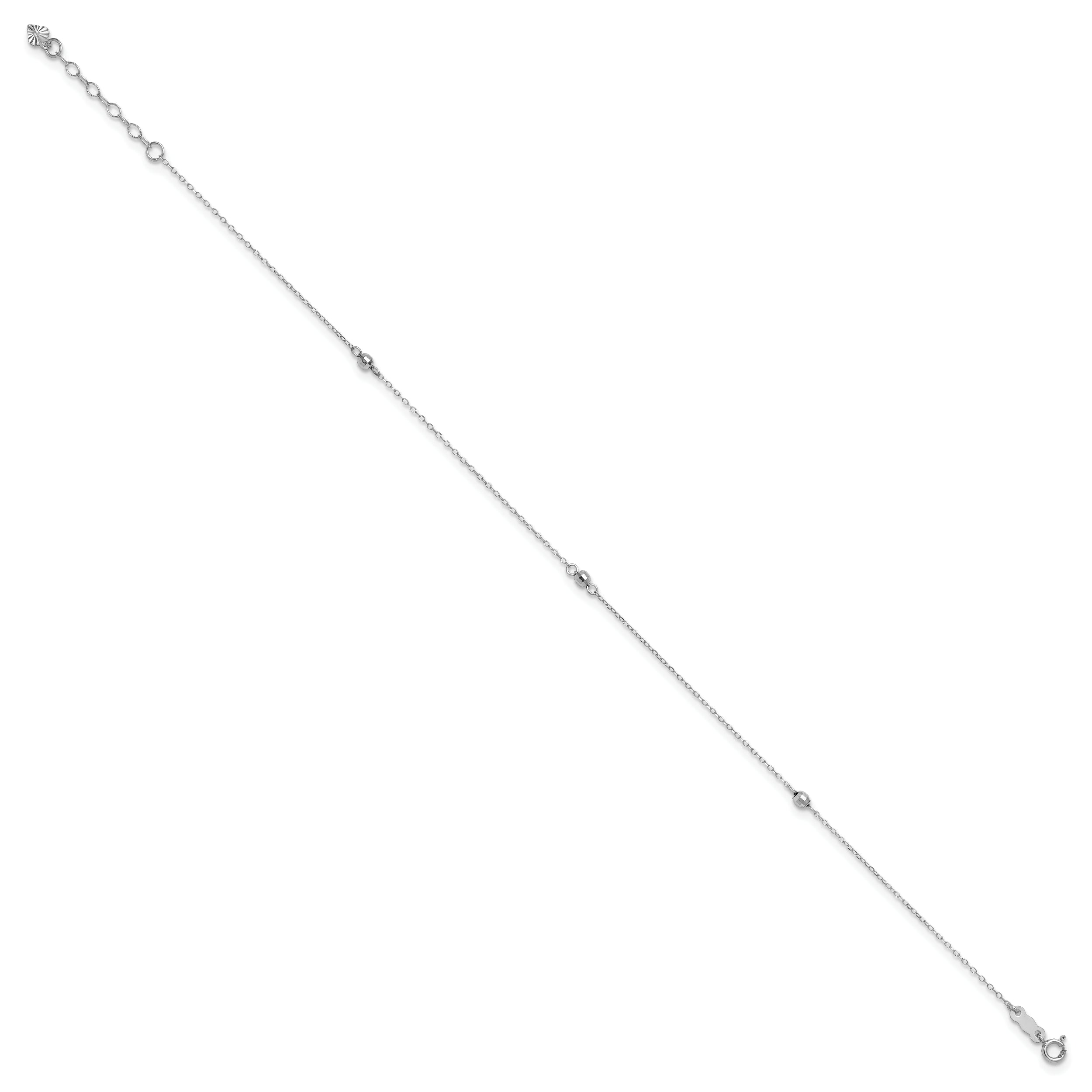 14K White Gold Mirror Beads 3-Station 9 inch Anklet Plus 1 inch Heart Dangle Extender