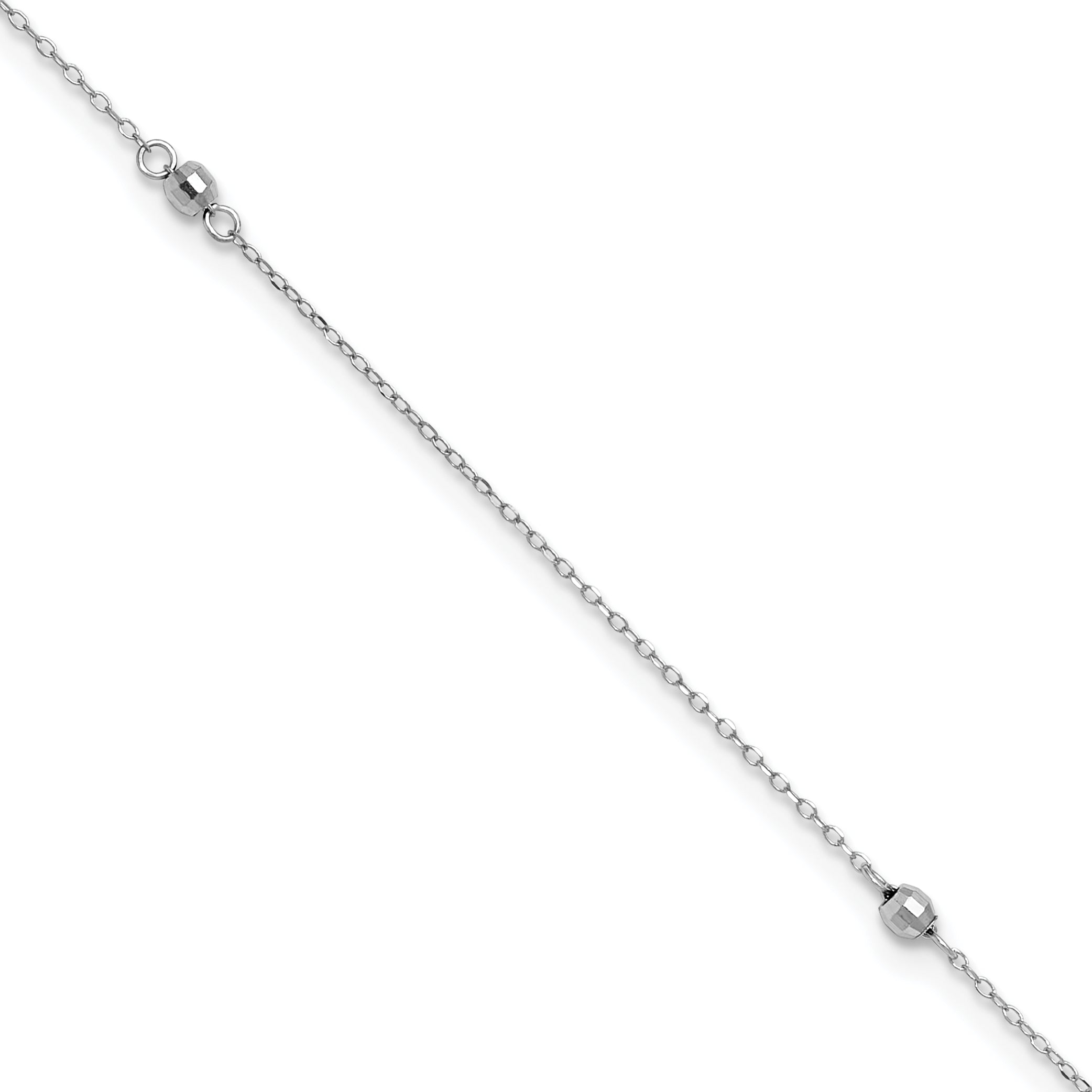 14K White Gold Mirror Beads 3-Station 9 inch Anklet Plus 1 inch Heart Dangle Extender