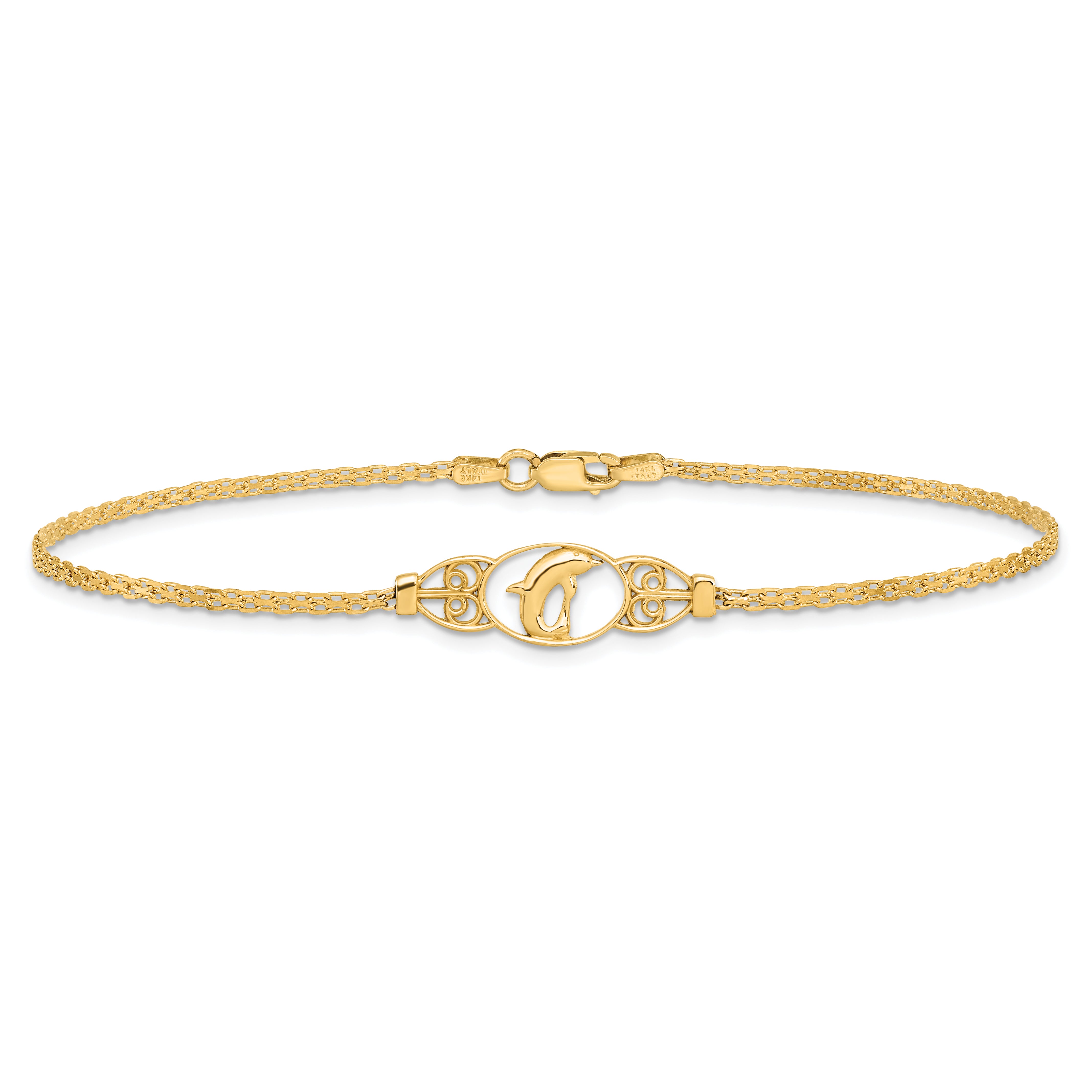 14k Polished Dolphin and Filigree Bismark Chain 10 inch Anklet