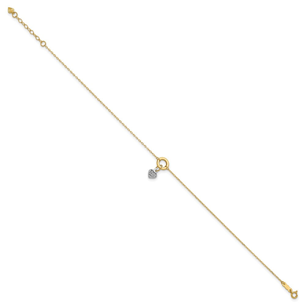 14K Two-tone Circle with Diamond Cut Puff Heart 9in Plus 1in ext Anklet