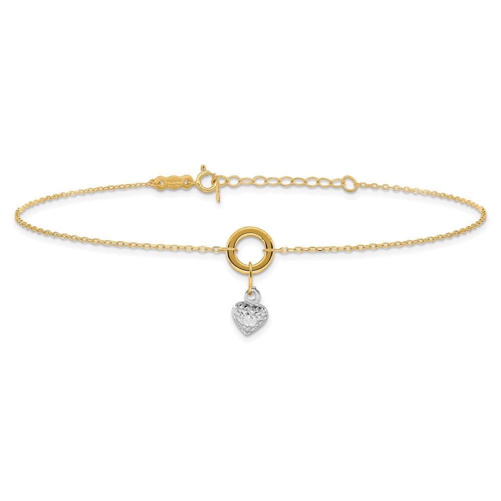 14K Two-tone Circle with Diamond Cut Puff Heart 9in Plus 1in ext Anklet