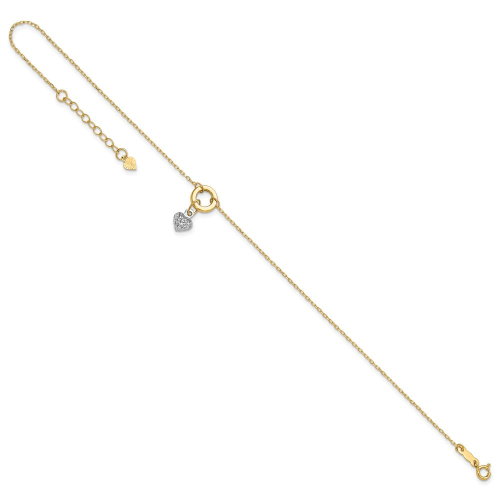 14K Two-tone Circle with Diamond Cut Puff Heart 9in Plus 1in ext Anklet