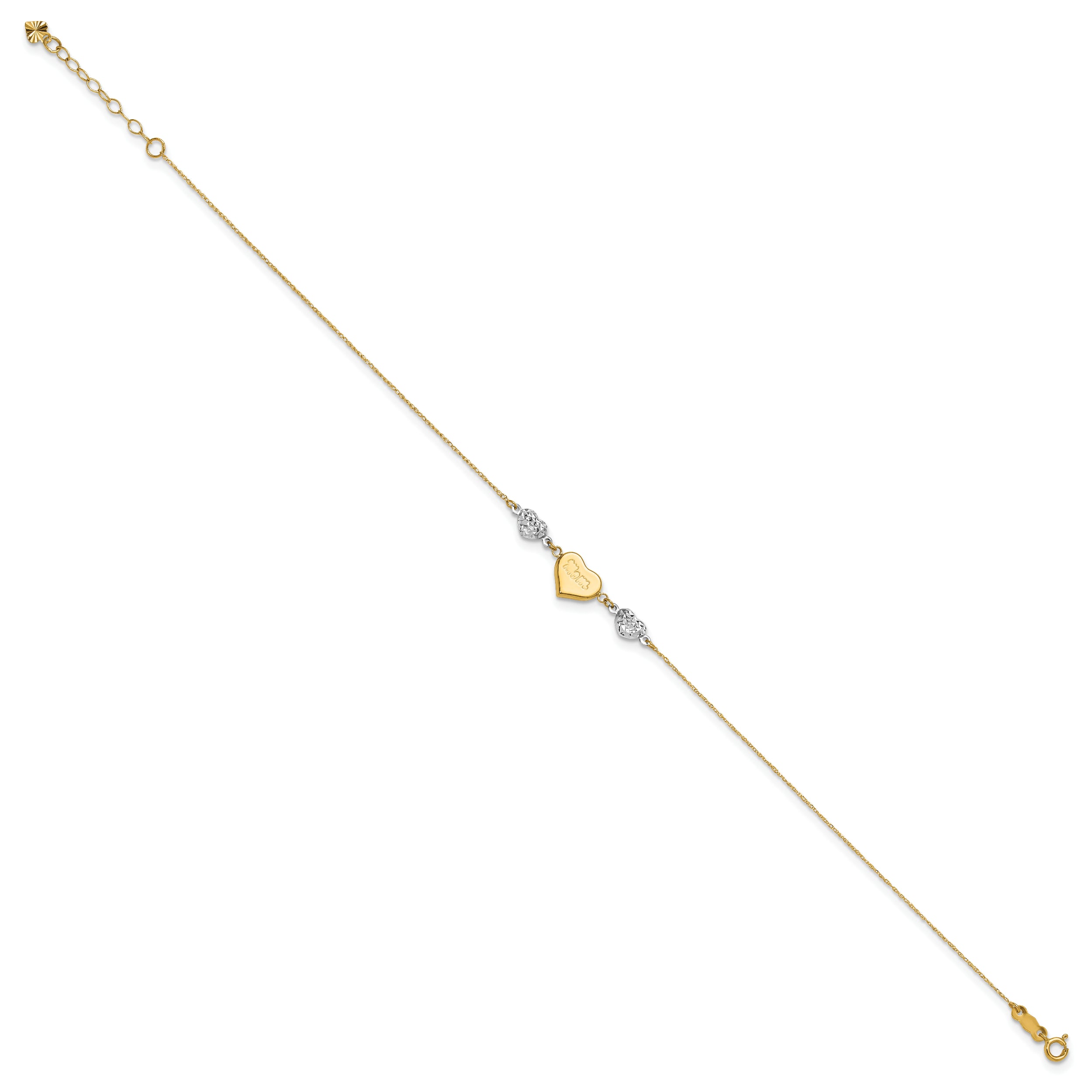 14K Two-tone Diamond-cut and MOM Puffed Heart 9 inch Anklet Plus 1 inch Heart Dangle Extender