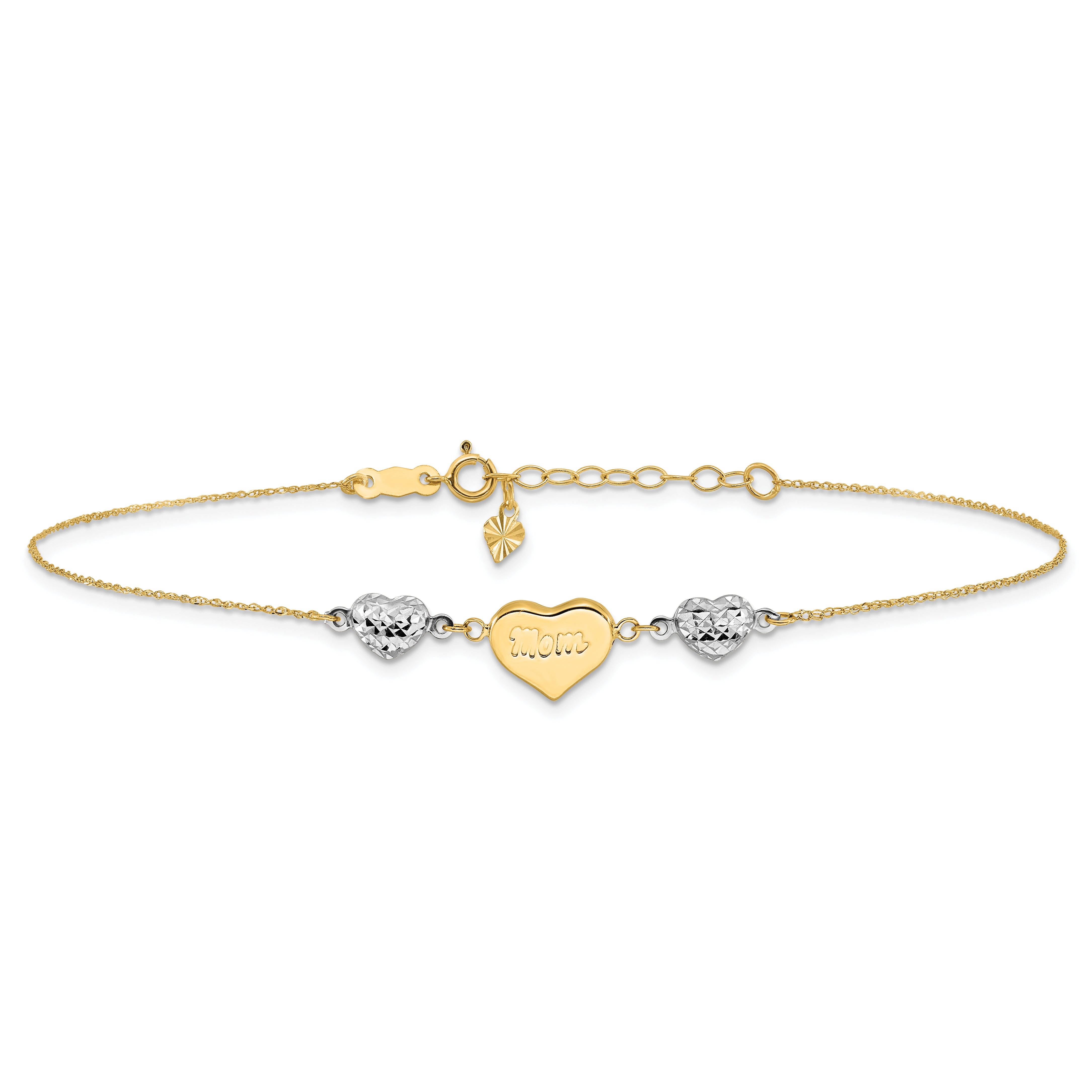 14K Two-tone Diamond-cut and MOM Puffed Heart 9 inch Anklet Plus 1 inch Heart Dangle Extender