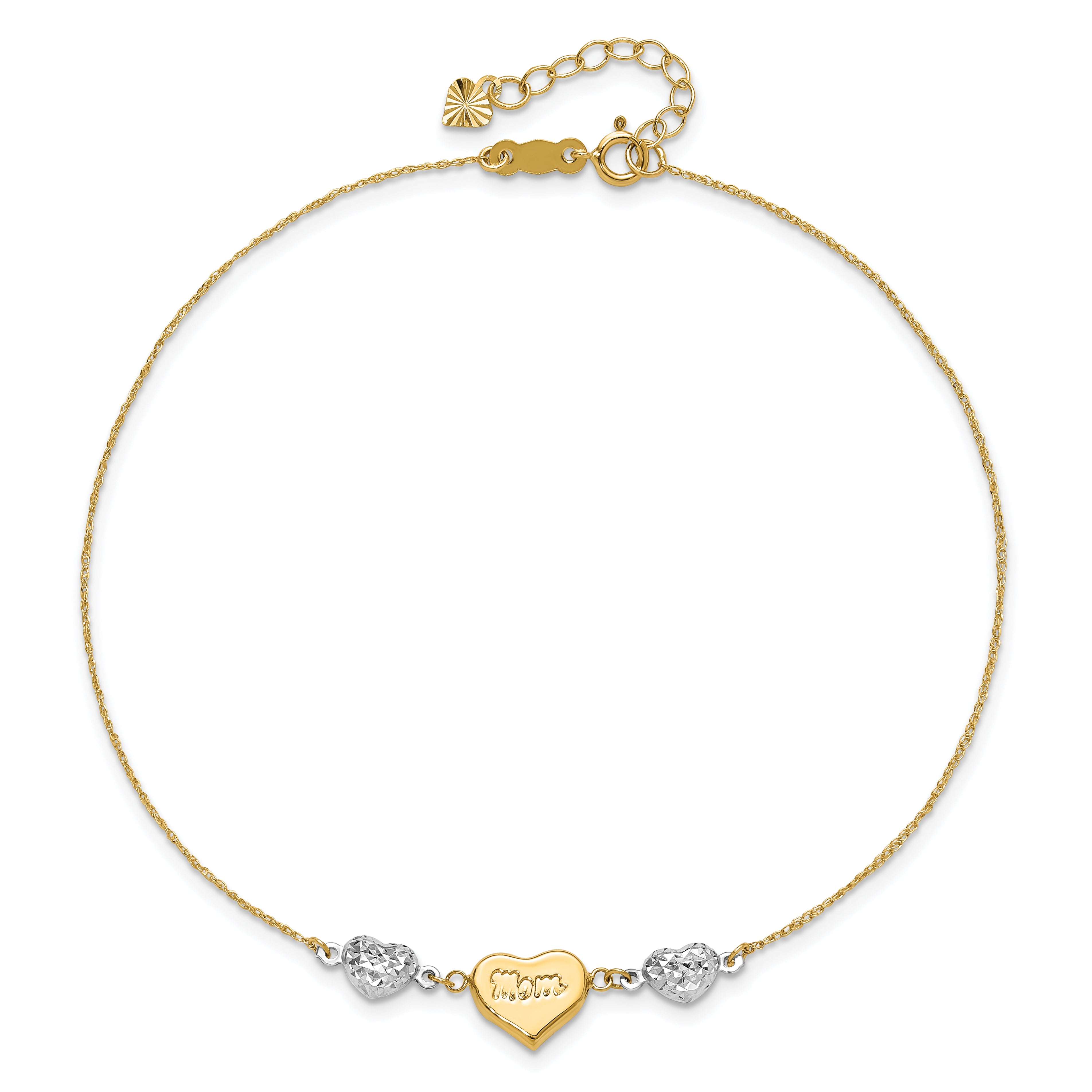 14K Two-tone Diamond-cut and MOM Puffed Heart 9 inch Anklet Plus 1 inch Heart Dangle Extender