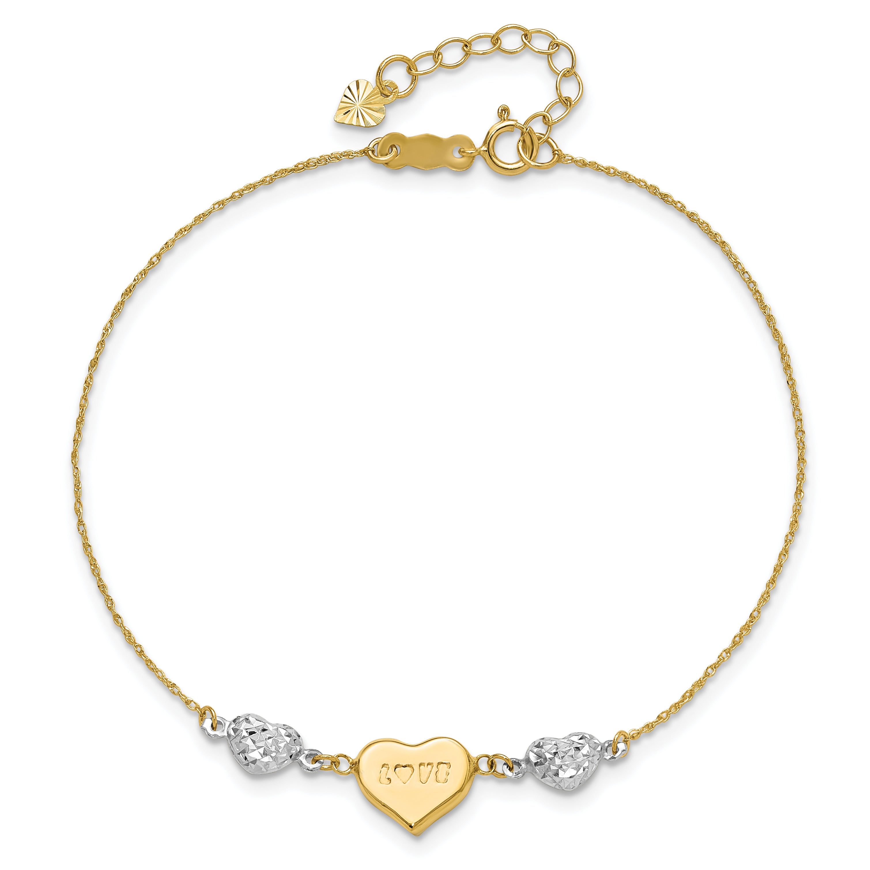 14K Two Tone Puffed Love Heart & D/C Hearts Bracelet