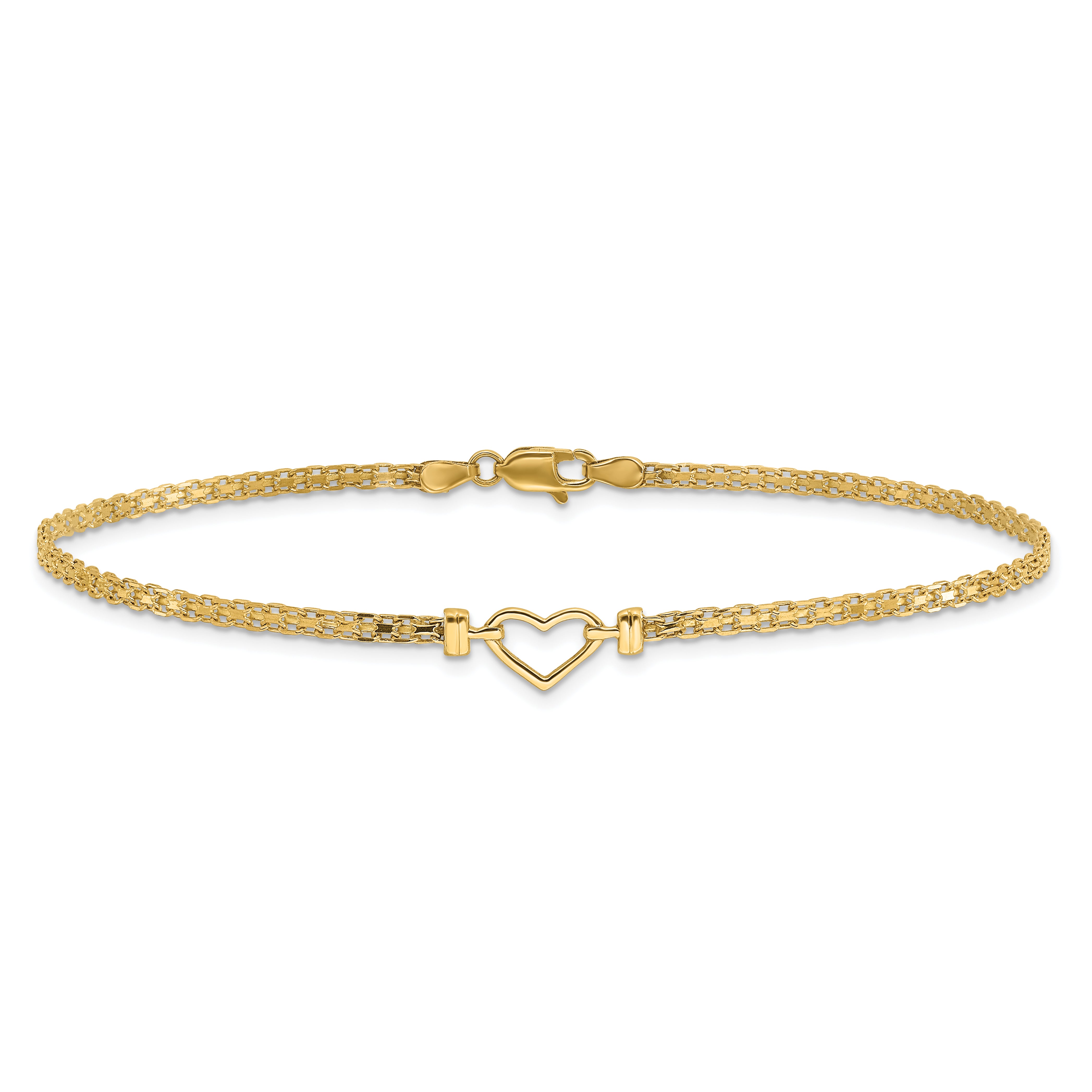 14k Polished Open Heart and Bismark Chain 9 inch Anklet
