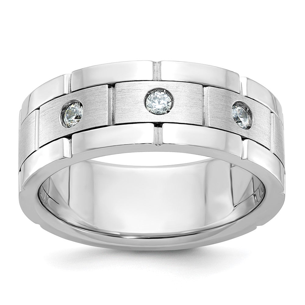 IBGoodman 14k White Gold Men's Polished Satin and Grooved 3-Stone Ring Mounting