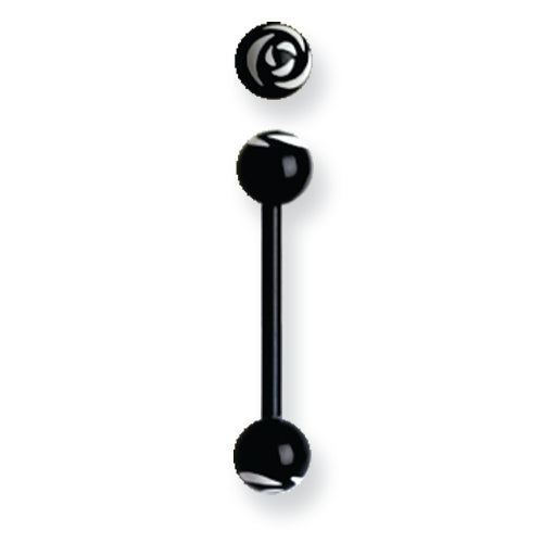 Acrylic 14G 5/8 In. Lg Rose Design White On Black Barbell