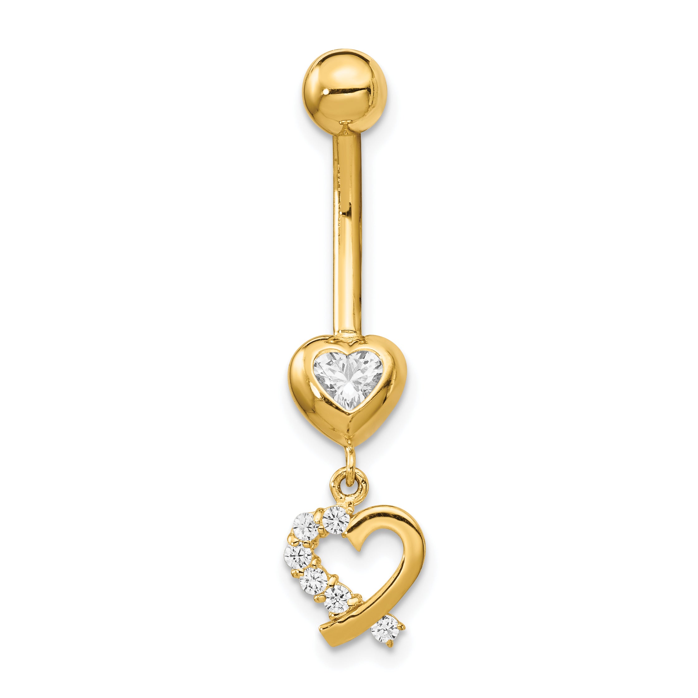 14K 14 Gauge Cz 2-Hearts Dangle Belly Ring