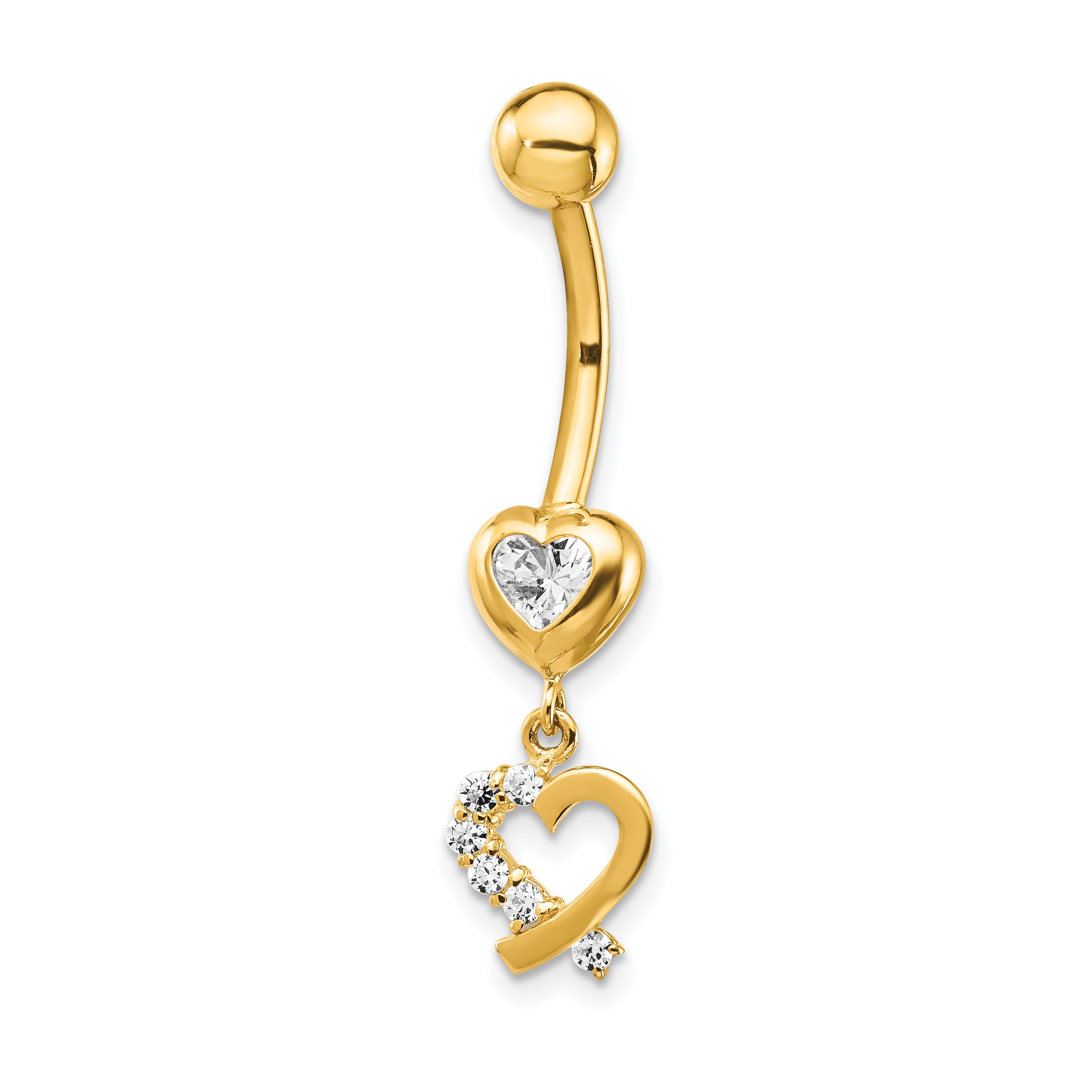14K 14 Gauge Cz 2-Hearts Dangle Belly Ring