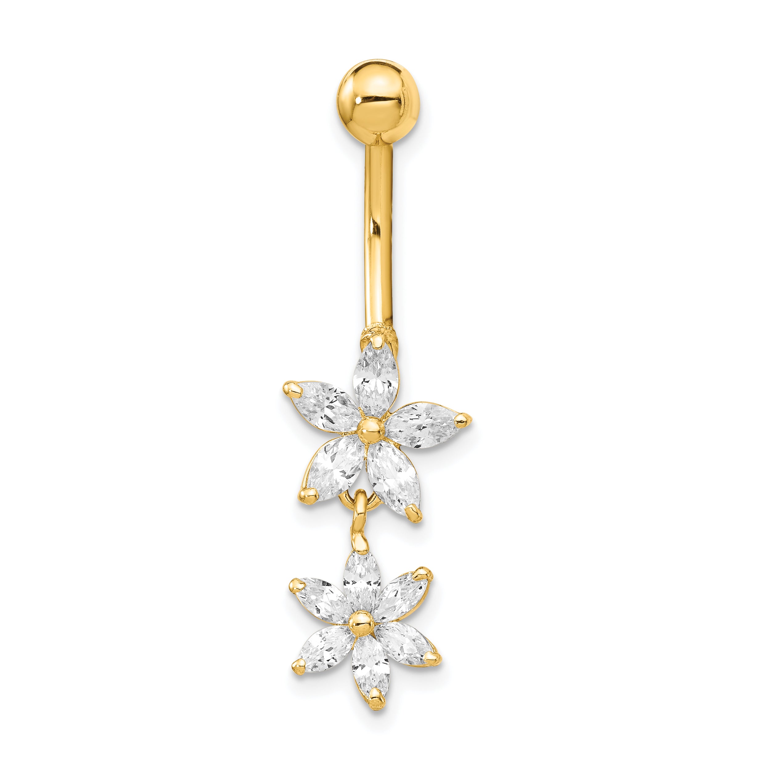 14K 14 Gauge Cz 2-Flower Dangle Belly Ring