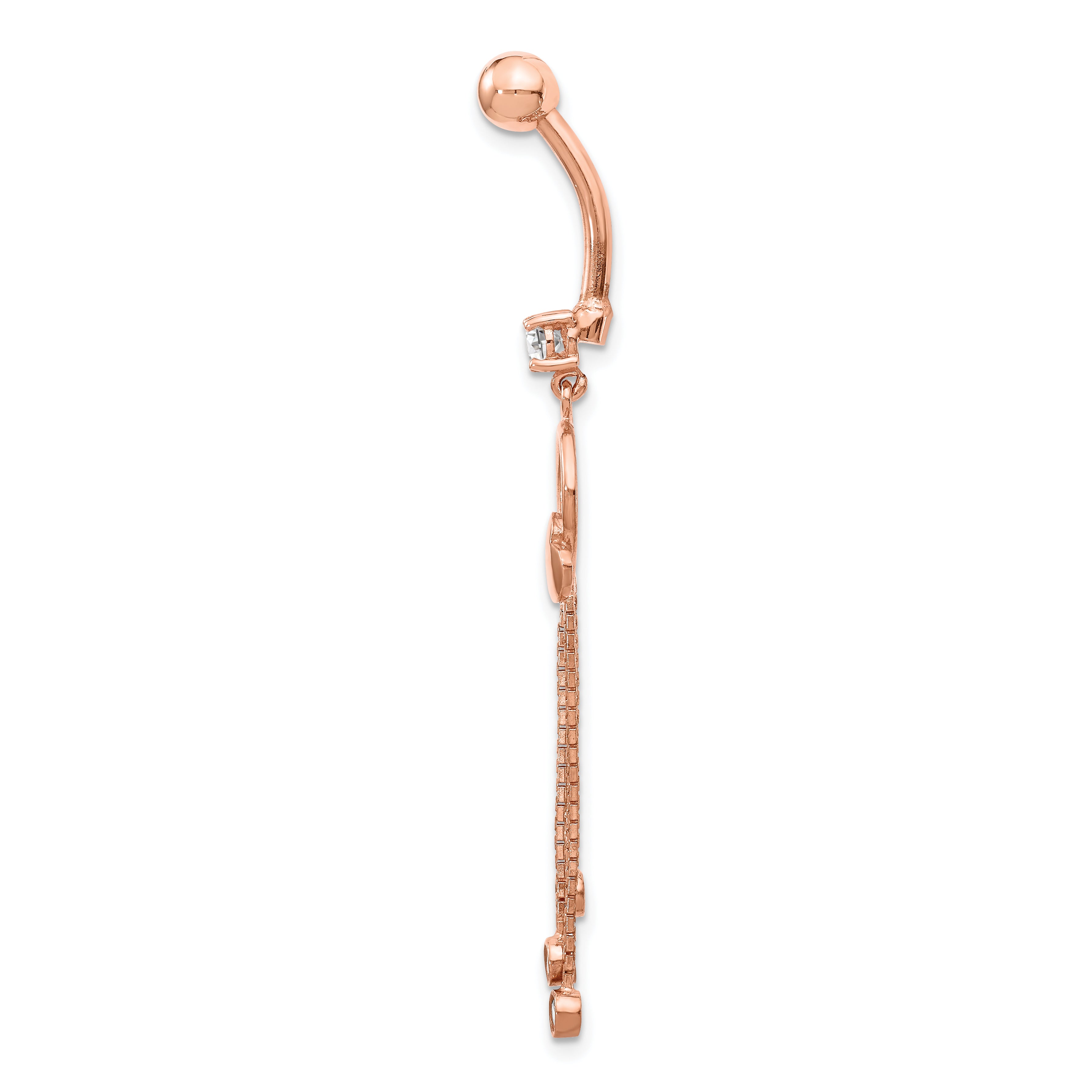14K Rose Gold 14 Gauge Cz Heart 3-Chain Dangle Belly Ring