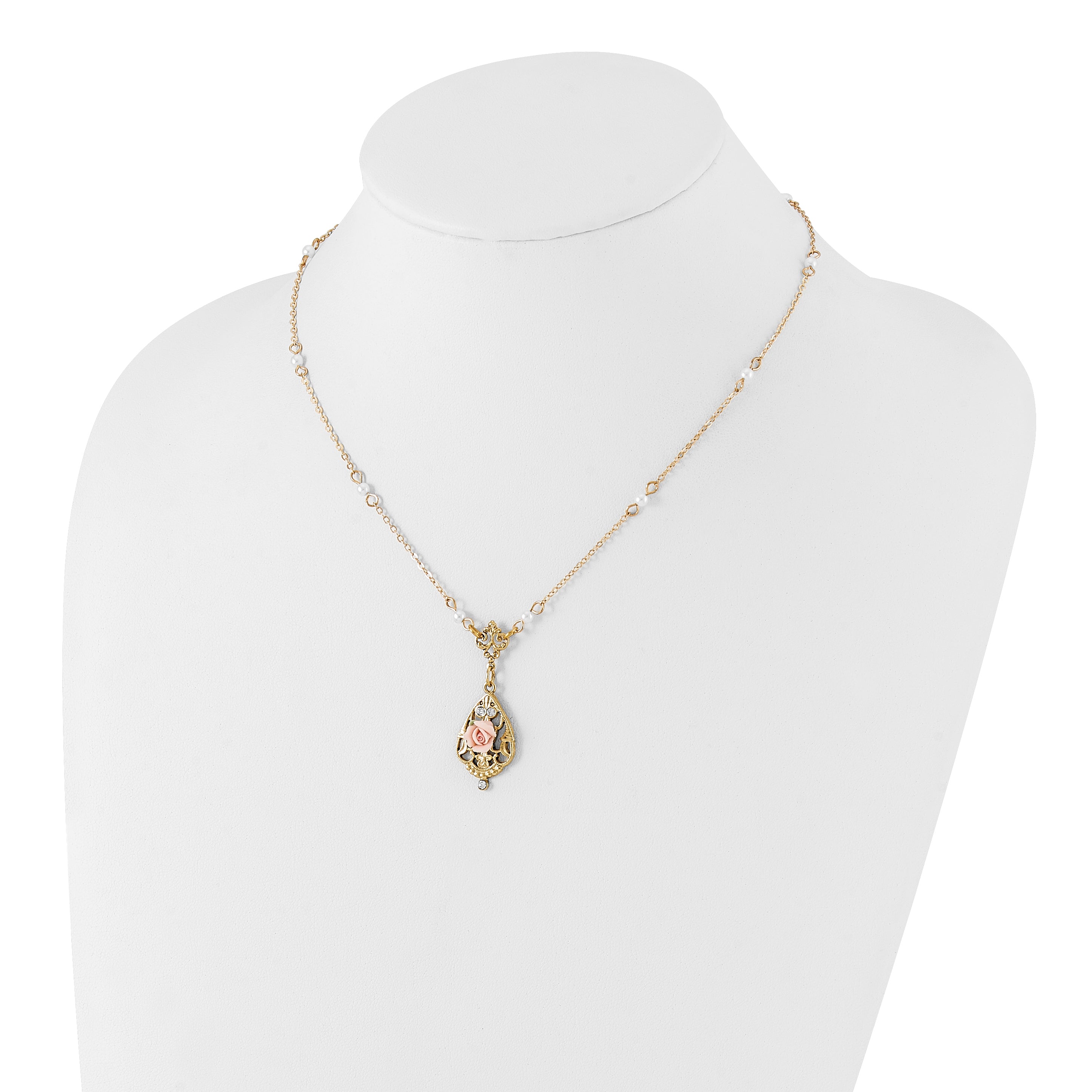 1928 Jewelry Gold-Tone Imitation Pearl Pink Porcelain Rose And Clear Crystal Filigree Teardrop 17 Inch Necklace