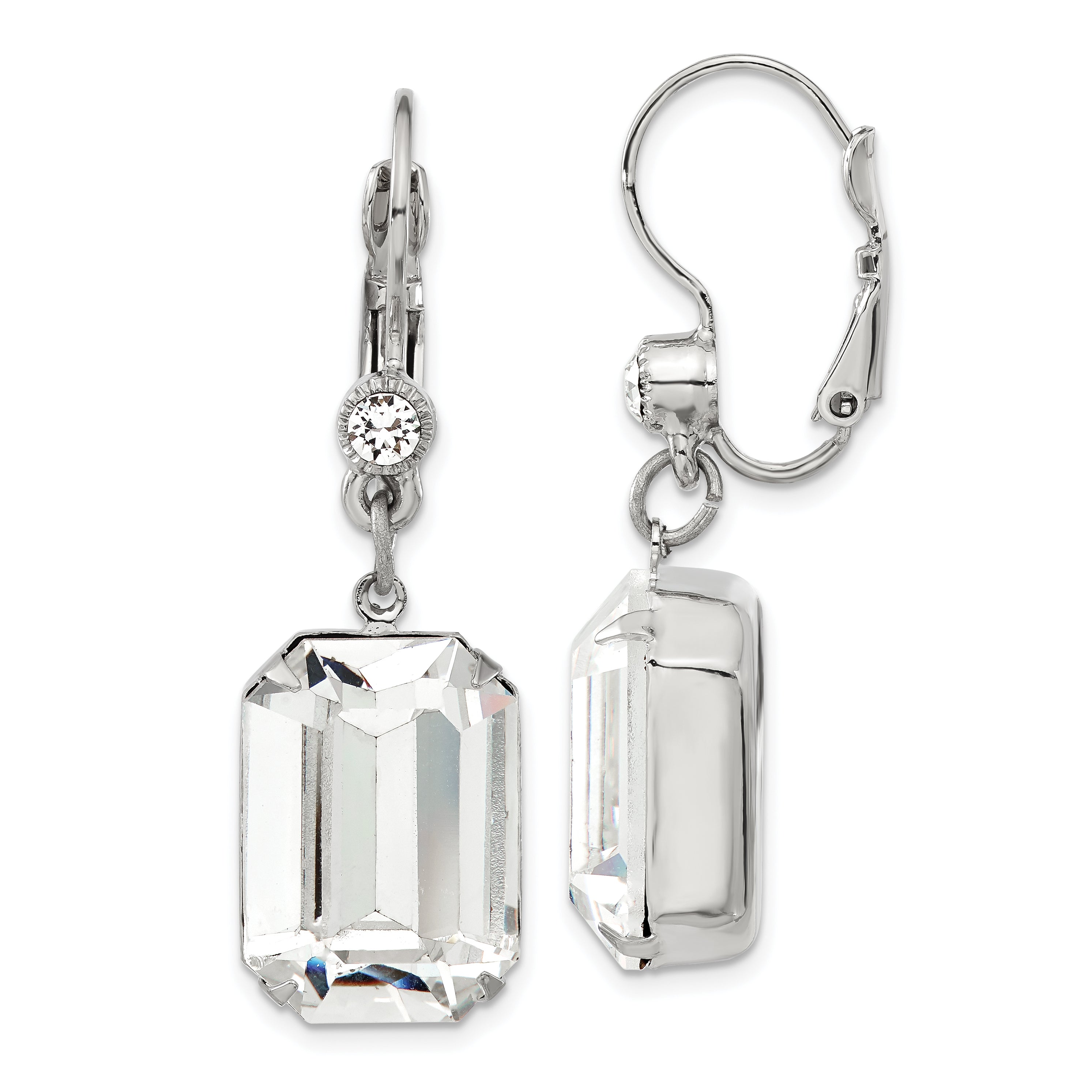 1928 Jewelry Silver-Tone Clear Emerald Cut Crystals From Swarovski Dangle Leverback Earrings