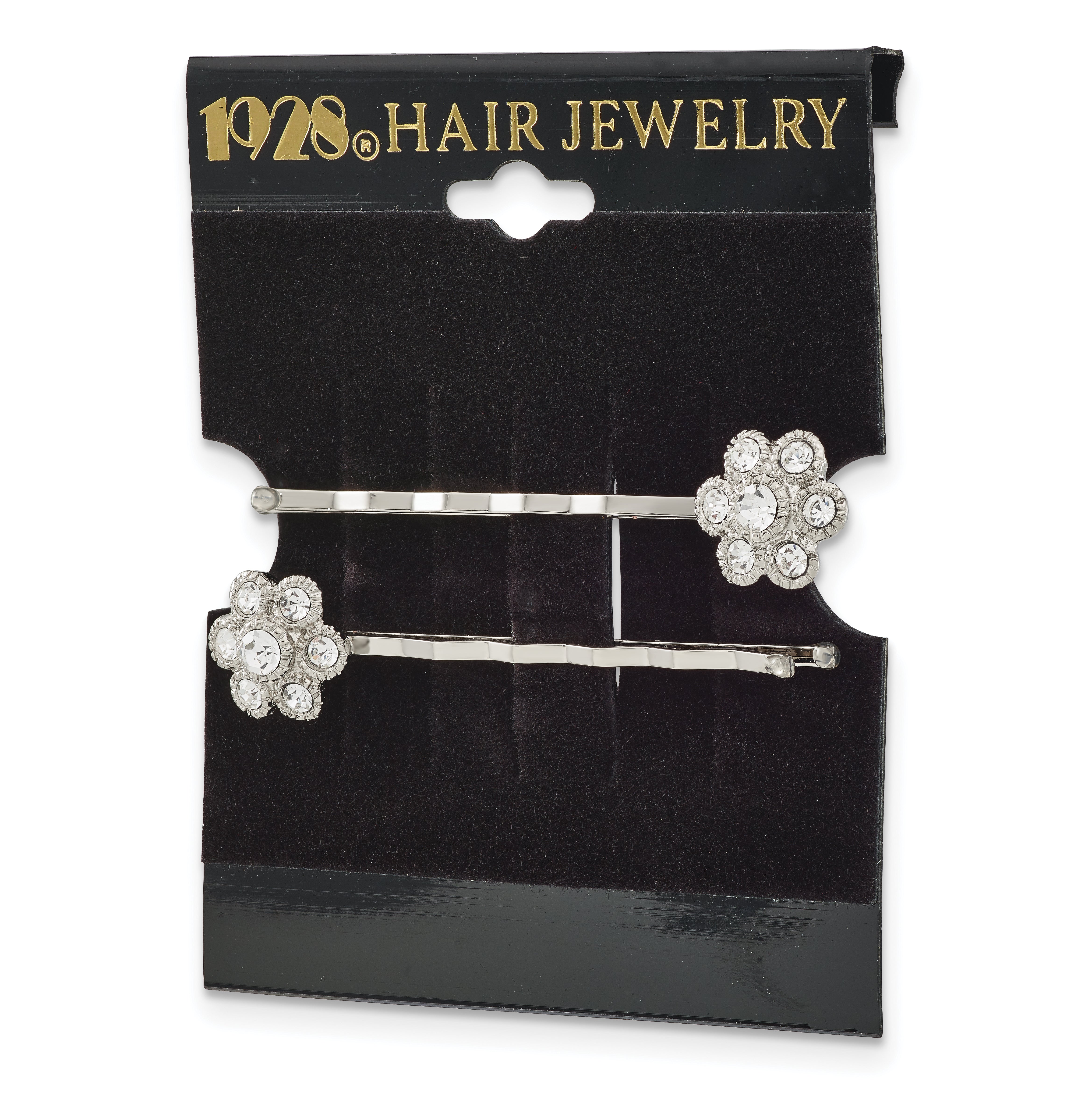 1928 Jewelry Set Of 2 Silver-Tone Clear Crystal Flower Hairpins