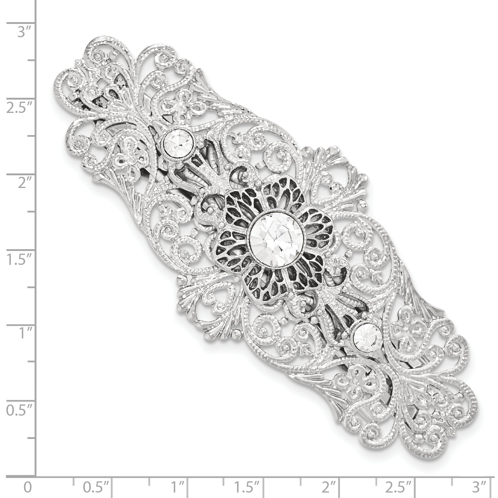 1928 Jewelry Silver-Tone Ornate Filigree Clear Crystal Large Hair Barrette