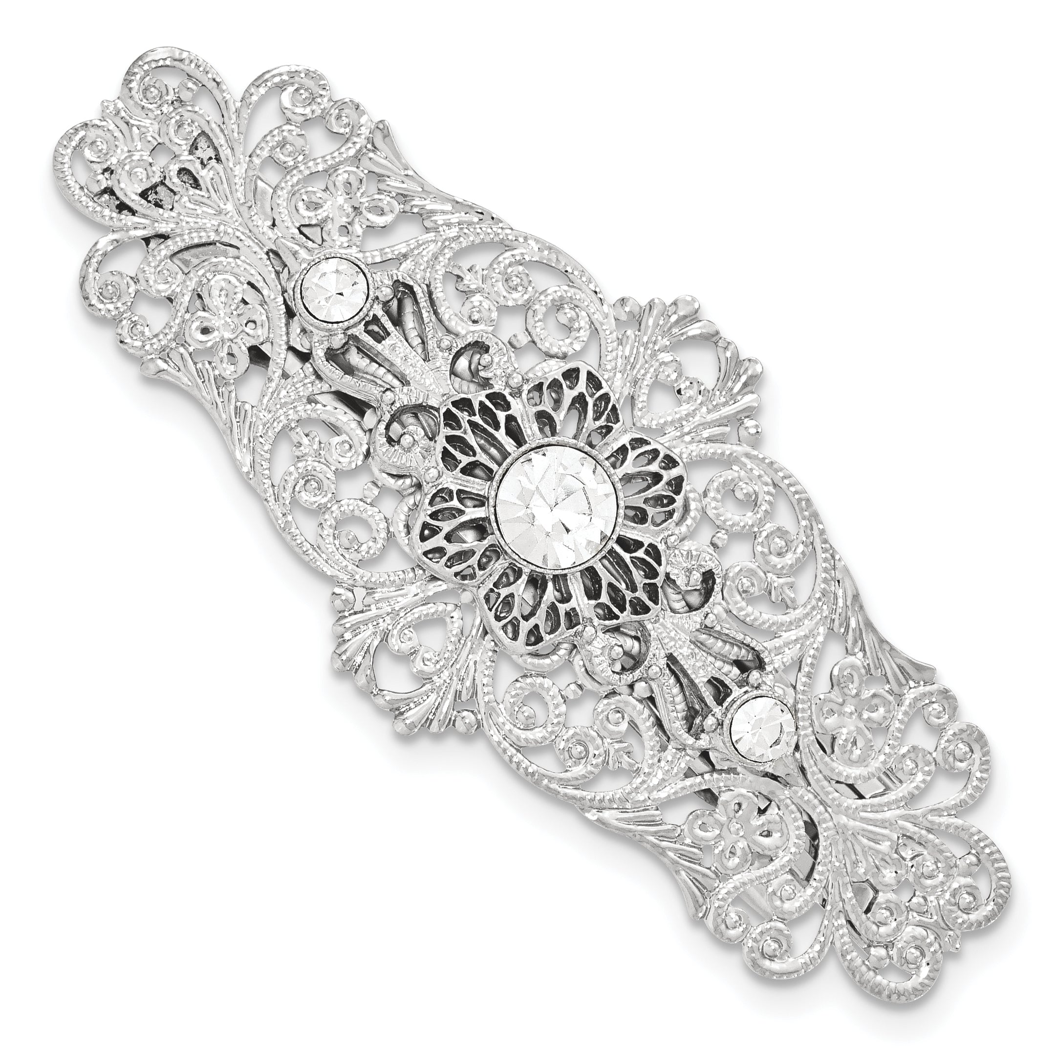 1928 Jewelry Silver-Tone Ornate Filigree Clear Crystal Large Hair Barrette