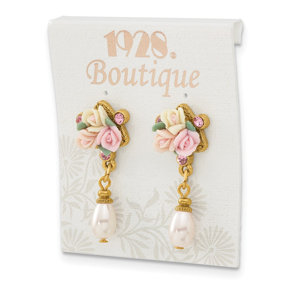 1928 Jewelry Gold-tone Pink Crystal Ivory Peach and Pink Porcelain Rose Flower Bouquet and Imitation Pearl Dangle Post Ear...
