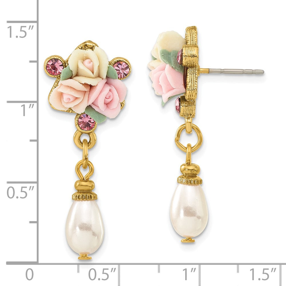 1928 Jewelry Gold-tone Pink Crystal Ivory Peach and Pink Porcelain Rose Flower Bouquet and Imitation Pearl Dangle Post Ear...