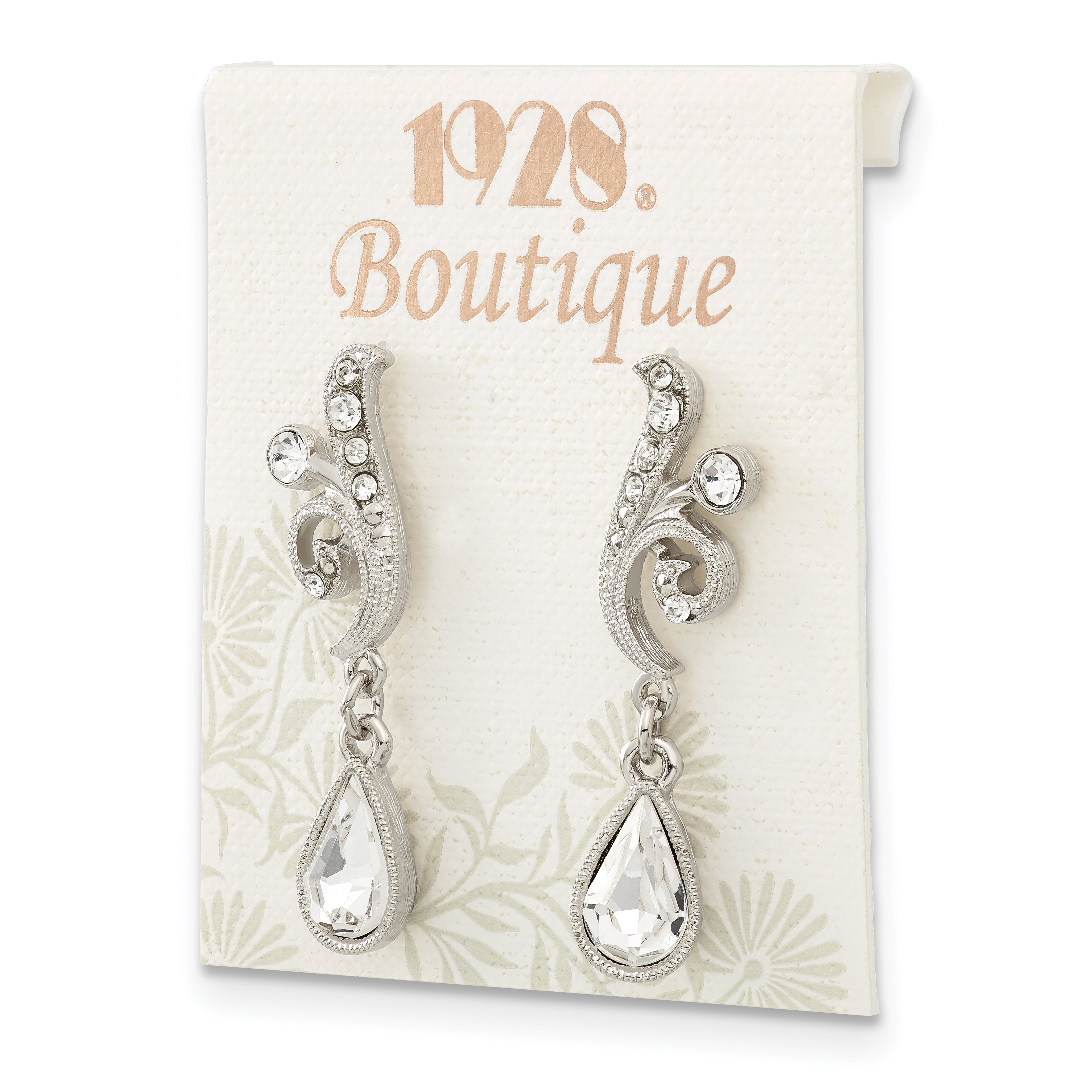 1928 Jewelry Silver-Tone Sparkling Clear Crystal From Swarovski Teardrop Vintage Style Dangle Post Earrings
