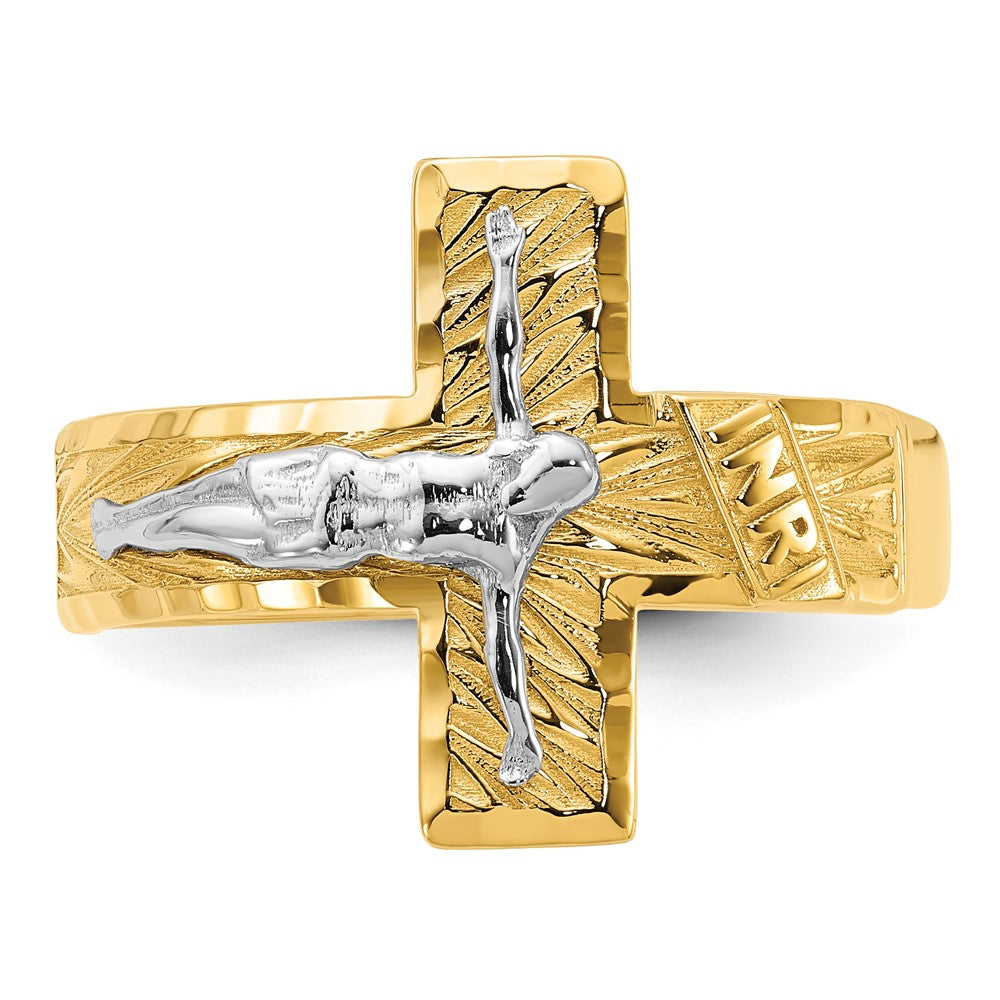 14k Two-tone Polished & Diamond-Cut Mens Crucifix Ring