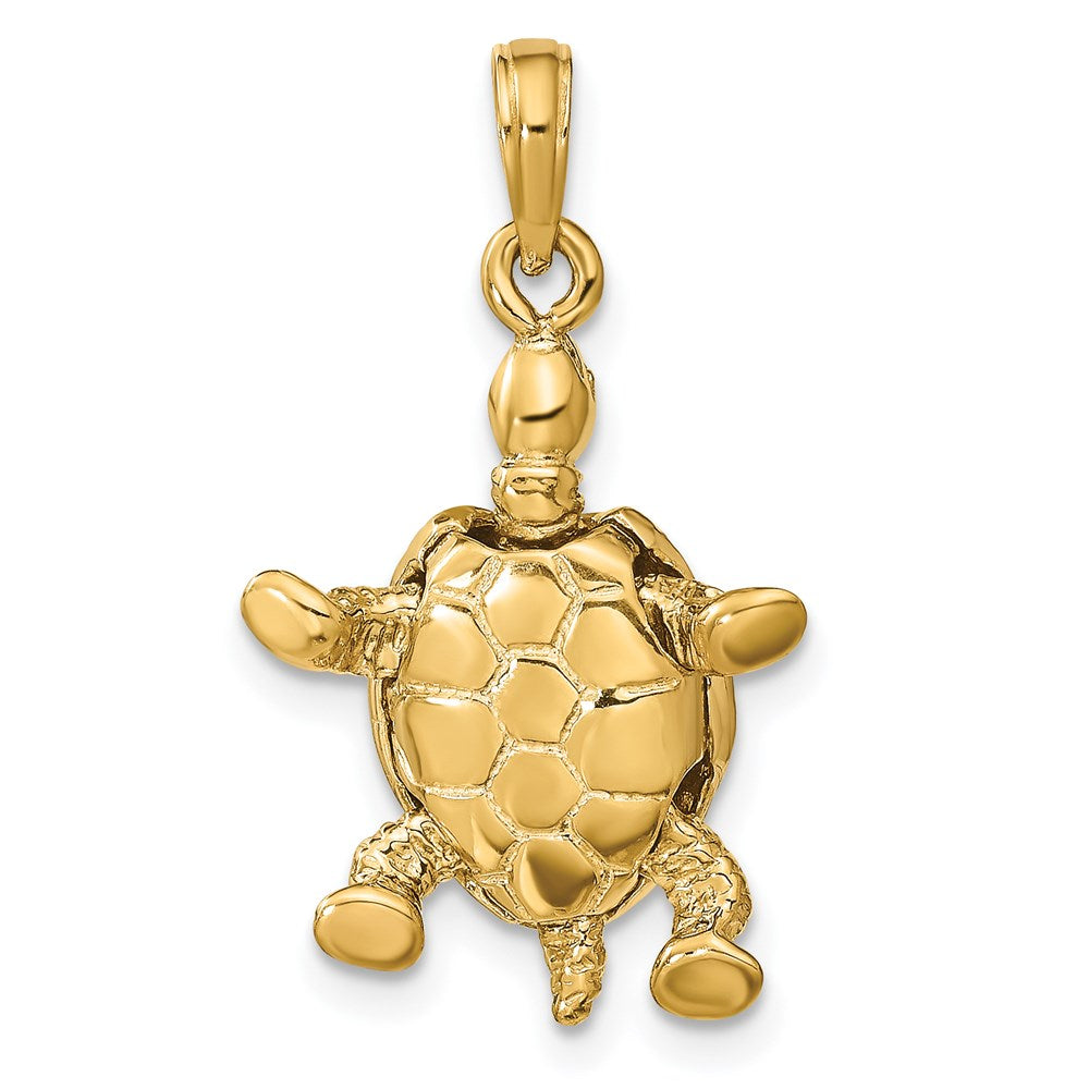14K Solid Polished 3-D Moveable Turtle Pendant